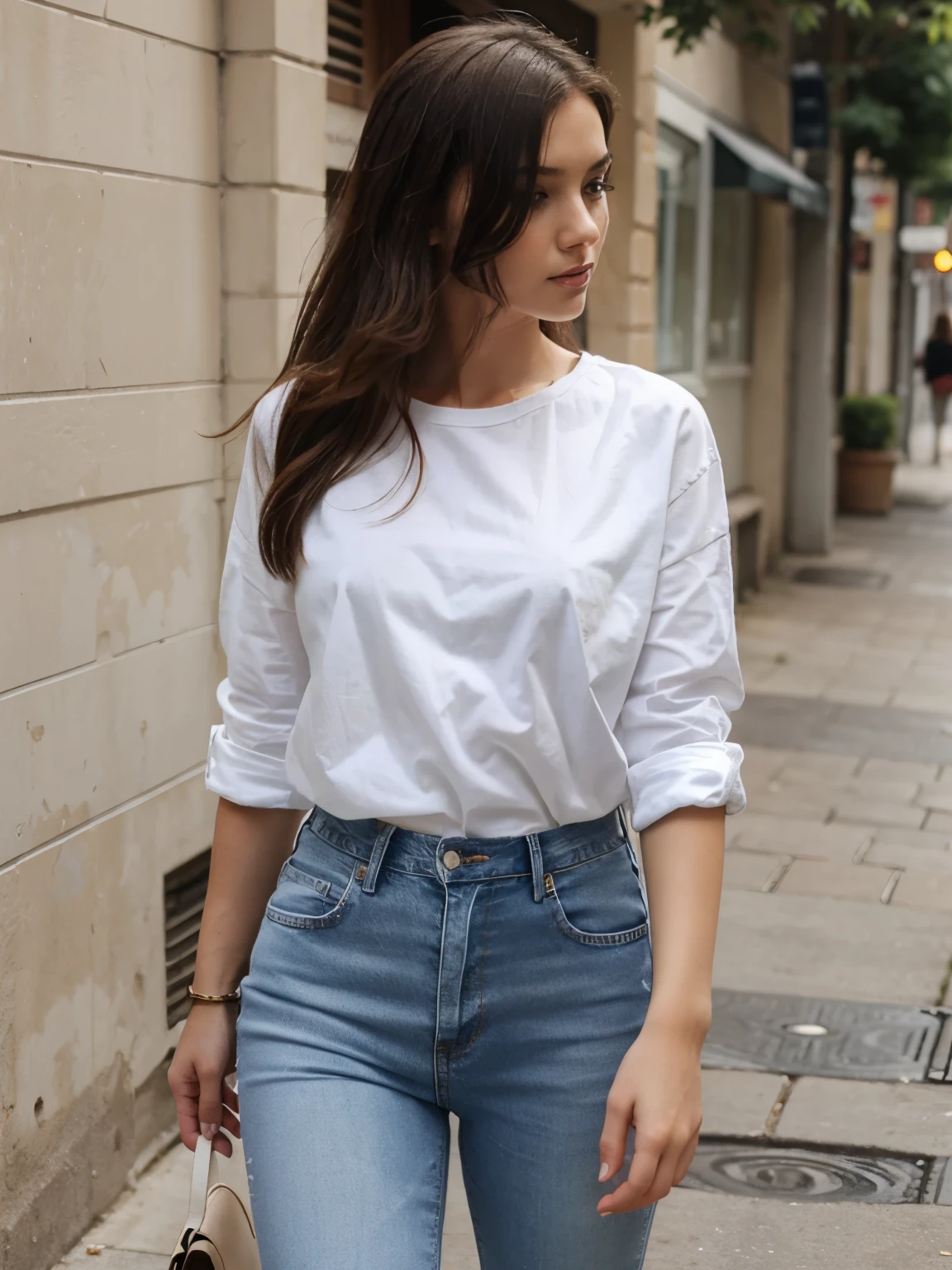 Girl in white shirt and jeans