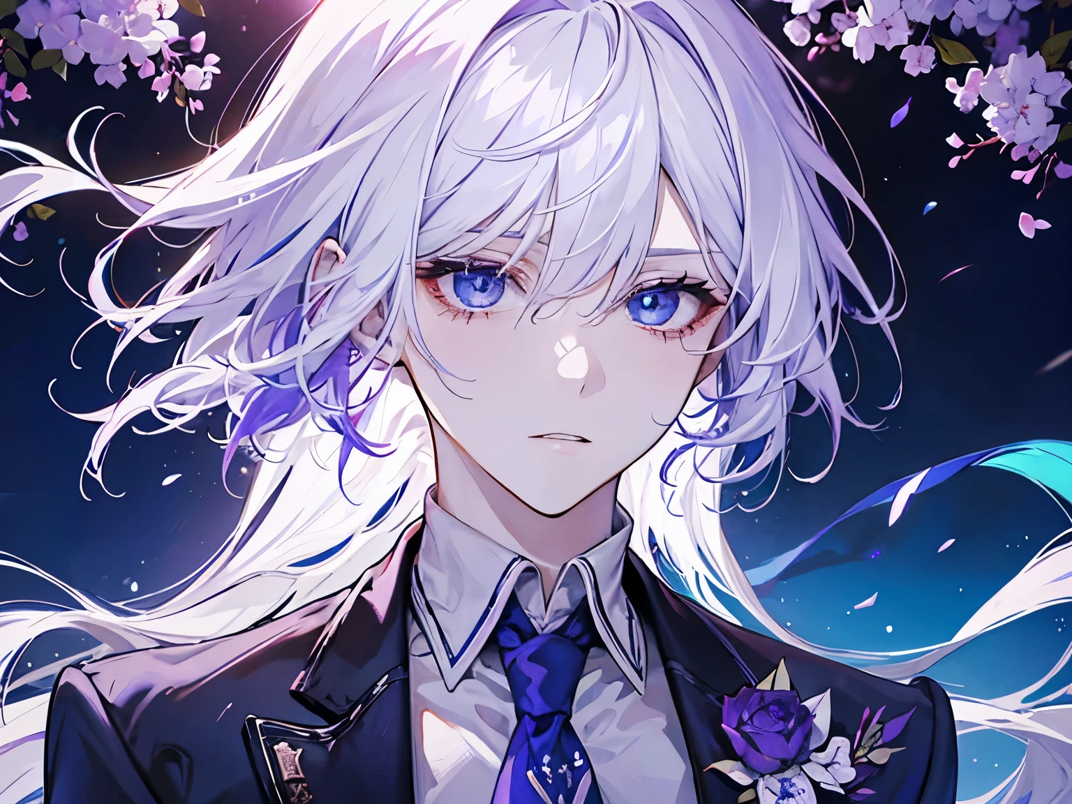 1 male, white hair, purple formal suit, one is red eye、blue eyes