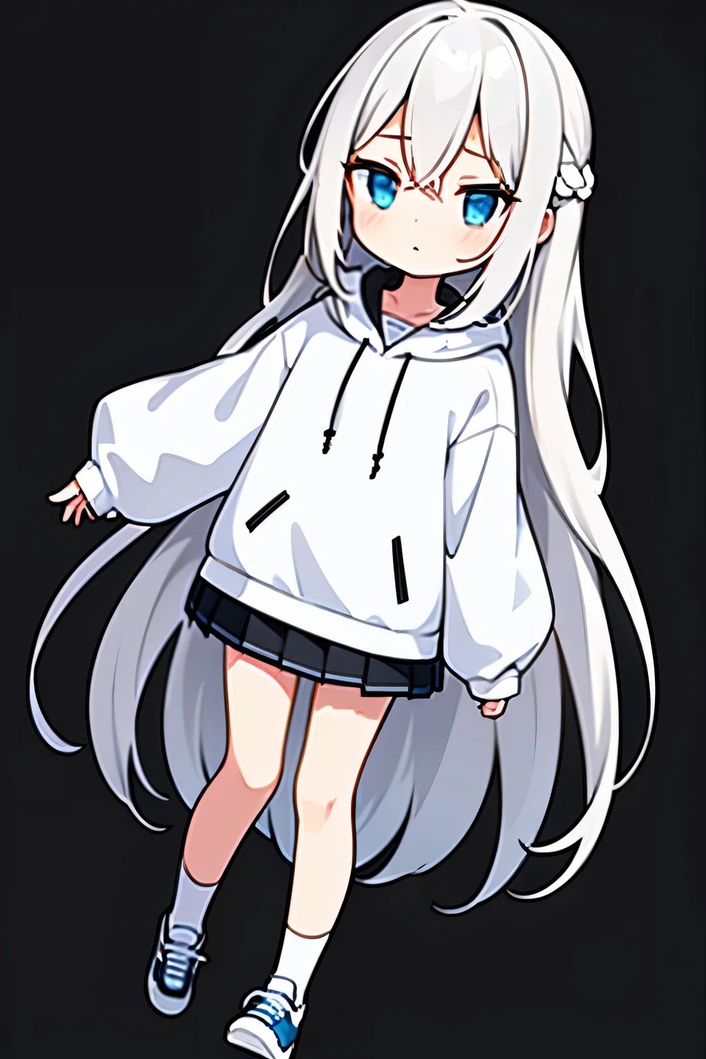 1girl, anime girl, silver white hair, long hair, blue eyes, white hoodie, black skirt, short skirt, shoes, black sock, long sock, full body, blank background