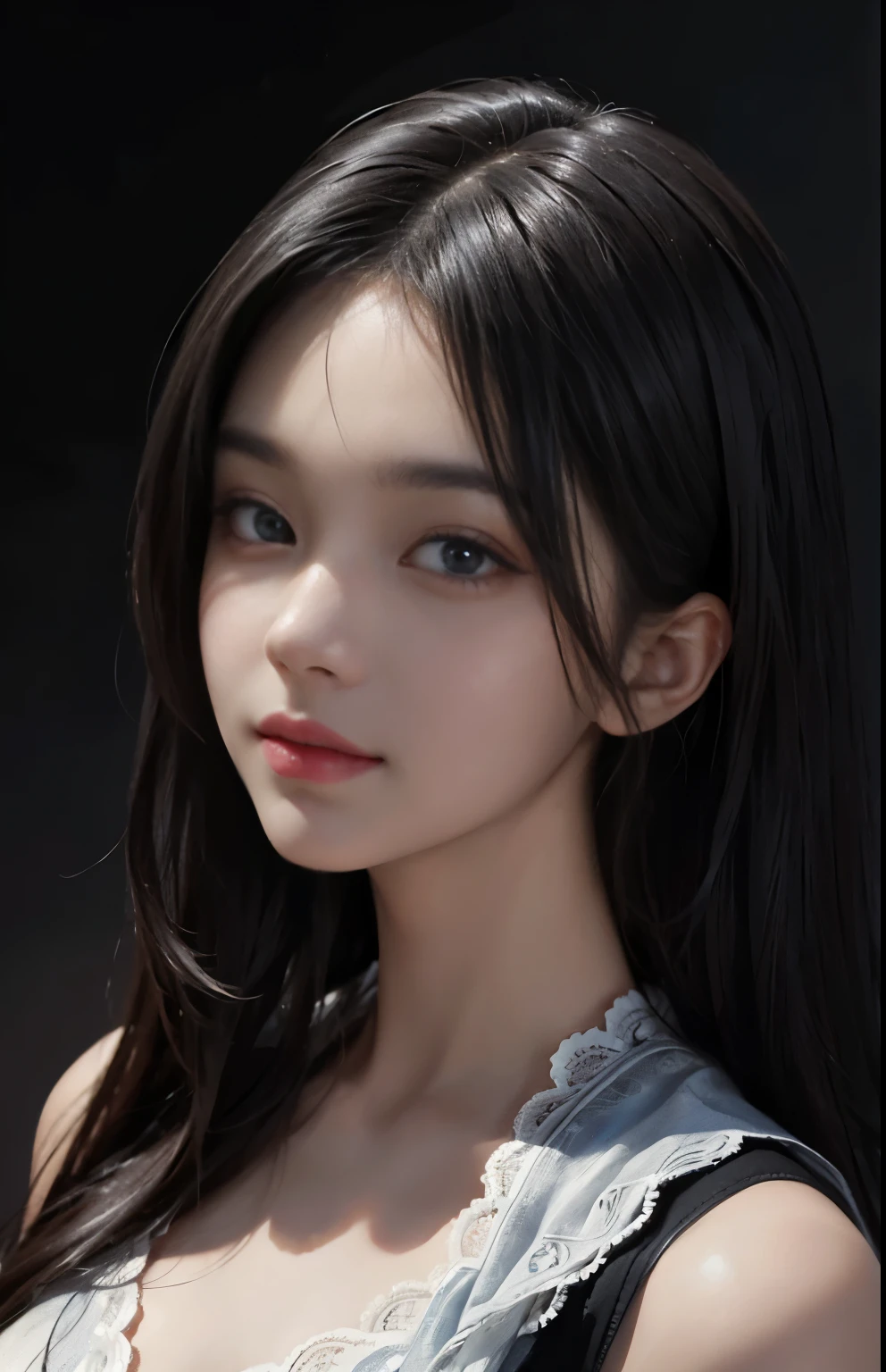 (surreal), (shape), (Improved resolution), (8k), (very detailed), (Best shape), (beautiful and detailed eyes), (highest quality), (Super detailed), (masterpiece ), ( wallpaper), (detailed face), 1 girl, 17 years old, white shawl,  lace chest,  big breasts, looking at the viewer, small details, detailed face, in the dark, deep shadow, private key, Pure erotic face ace_v1, smile, long hair, black straight hair , 46 point diagonal bangs