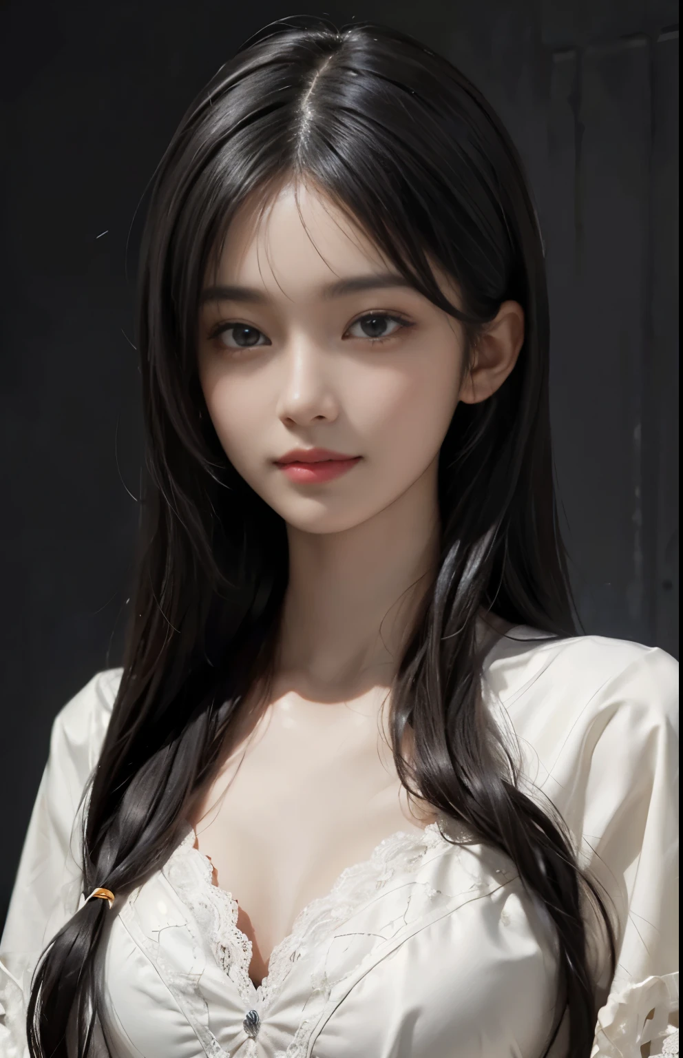 (surreal), (shape), (Improved resolution), (8k), (very detailed), (Best shape), (beautiful and detailed eyes), (highest quality), (Super detailed), (masterpiece ), ( wallpaper), (detailed face), 1 girl, , white shawl,  lace chest,  big breasts, looking at the viewer, small details, detailed face, in the dark, deep shadow, private key, Pure erotic face ace_v1, smile, long hair, black straight hair , 46 point diagonal bangs