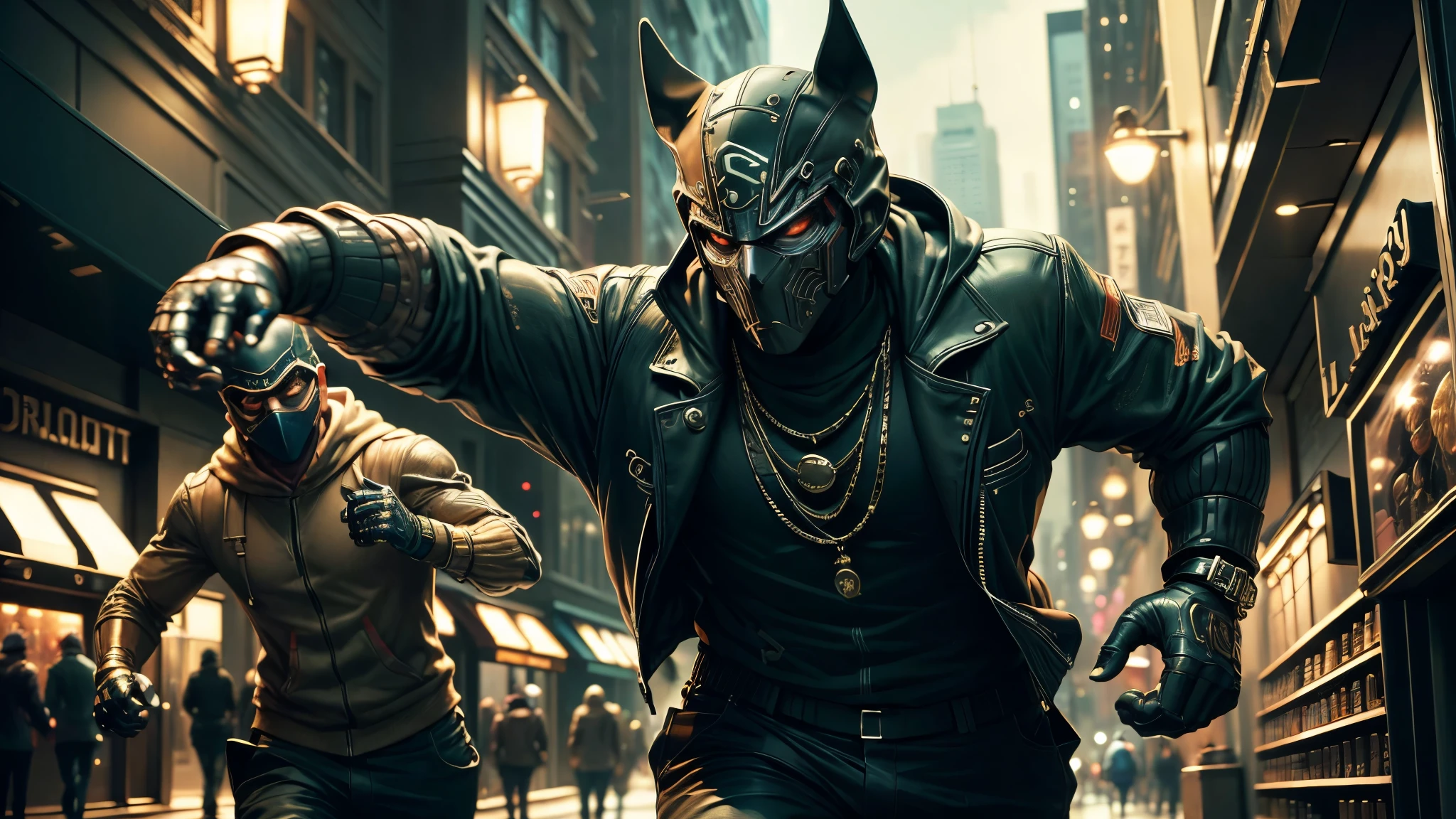 best quality, ultra high resolution，masterpiece, Two masked gangsters，Robbing a jewelry store