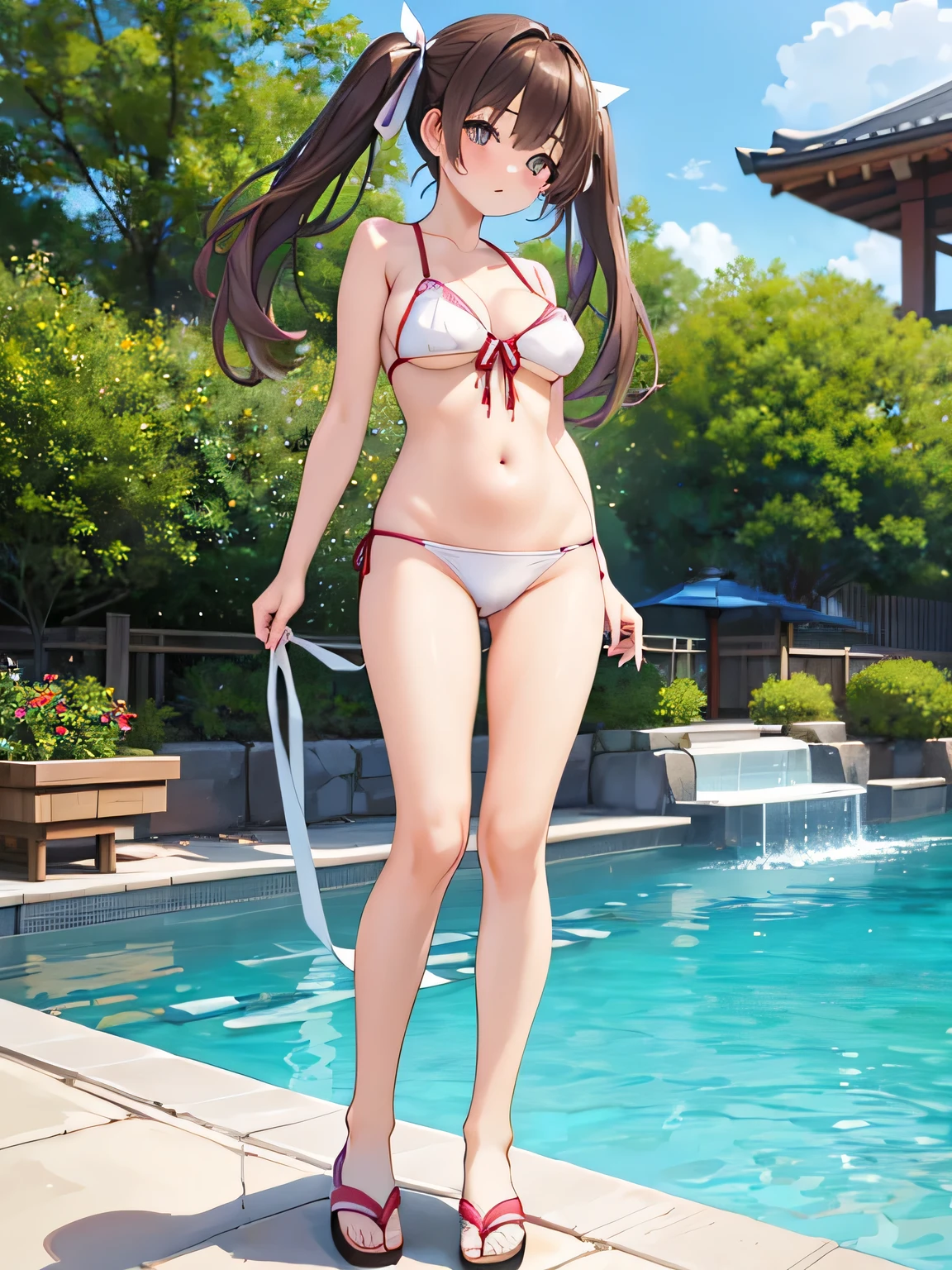 (masterpiece、highest quality、High resolution、realistic pictures、real looking skin:1.1)、
1 Japanese girl、alone、Full body Esbian、beautiful eyes、shining eyes、short twin tails、flowing hair、brown hair、high school girl、The location is the leisure pool
(white bikini swimsuit、ribbon:1.1)、
flip flops、
(Are standing:1.5)、
(F cup breasts:1.5)、
NSFW