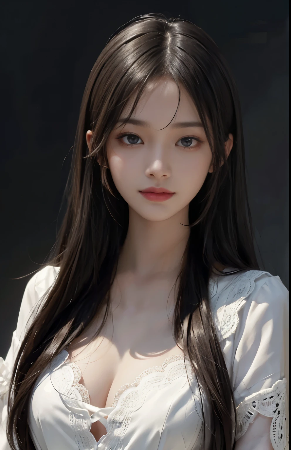(surreal), (shape), (Improved resolution), (8k), (very detailed), (Best shape), (beautiful and detailed eyes), (highest quality), (Super detailed), (masterpiece ), ( wallpaper), (detailed face), 1 girl, , white shawl, lace chest, big breasts, looking at the viewer, small details, detailed face, in the dark, deep shadow, private key, Pure erotic face ace_v1, smile, long hair, black straight hair , 46 point diagonal bangs