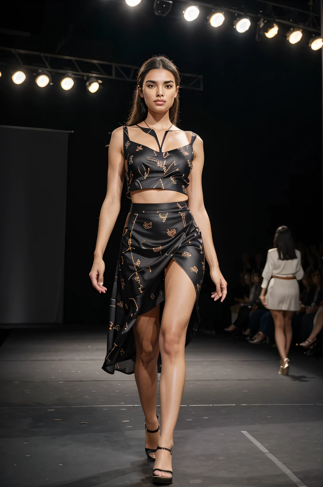 nsfw, 8k, best quality, highres, realistic, real person, A dynamic scene of a female model walking confidently down a runway, surrounded by a large audience under bright lights. The model is elegantly dressed in a high-fashion outfit, with the spotlight focused on her. She exudes confidence and grace as she strides forward. The audience is captivated, and the atmosphere is vibrant and glamorous, capturing the essence of a high-end fashion show. Anchor-print blouse, midi skirt, boat shoes. (( perfect face, perfect hands, perfect fingers))