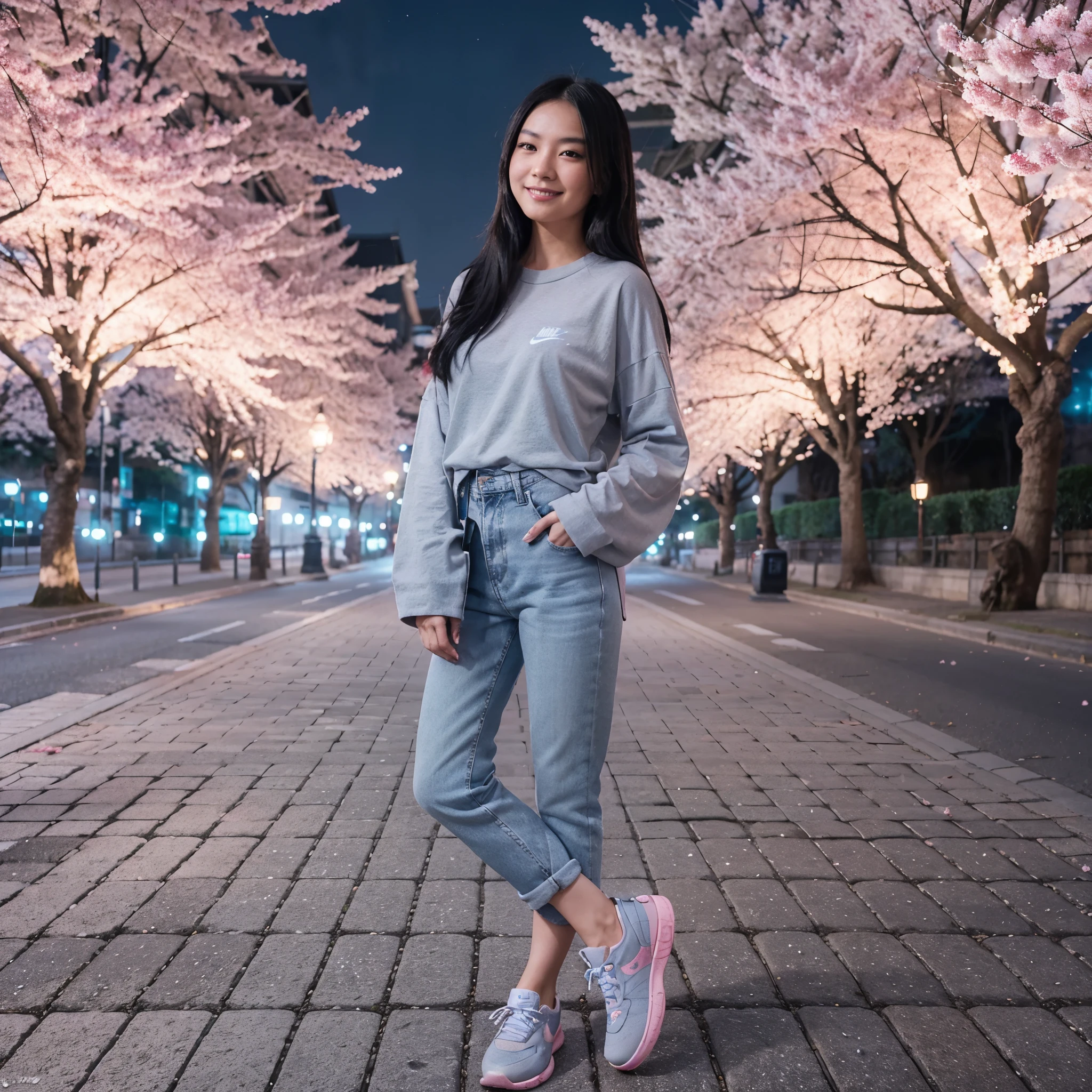 Create a photo of an Asian woman with long black hair, wearing a light gray long-sleeved t-shirt, light blue jeans, pink Nike shoes, standing upright on a cobblestone street, adorned with dozens of cherry blossom trees along the roadside at night, the photo is very realistic, cinematic, smiling at the camera, 8K UHD resolution, very detailed.