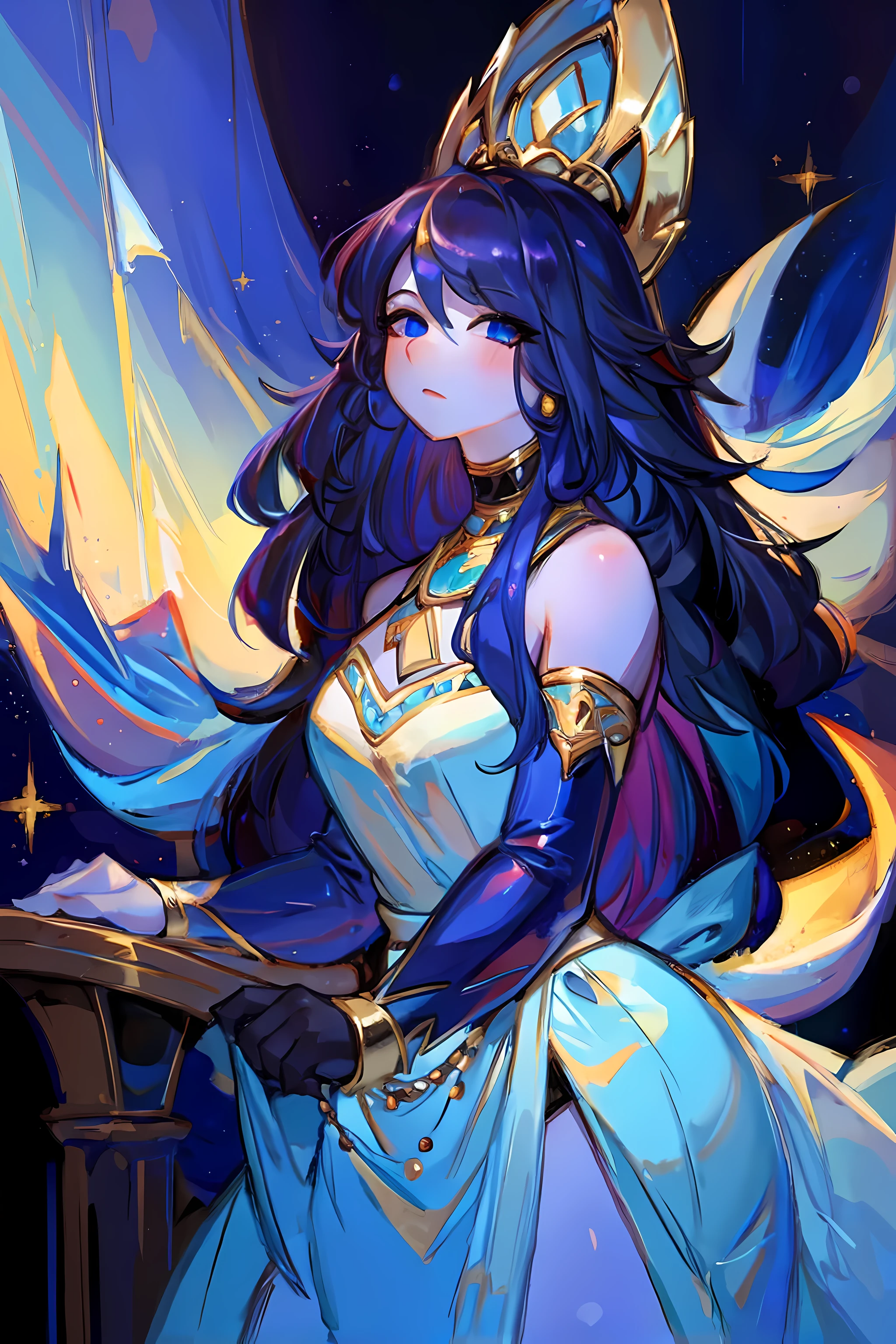 (high quality, masterpiece:1.2), a girl, alone, long hair, bare shoulders, jewelry, sleeveless, white dress, blue skirt, Gloves, Thick thighs, delicate eyes, Detailed lips, extremely detailed face, long eyelashes, actual, bright colors, high dynamic range, studio lighting, sharp focus