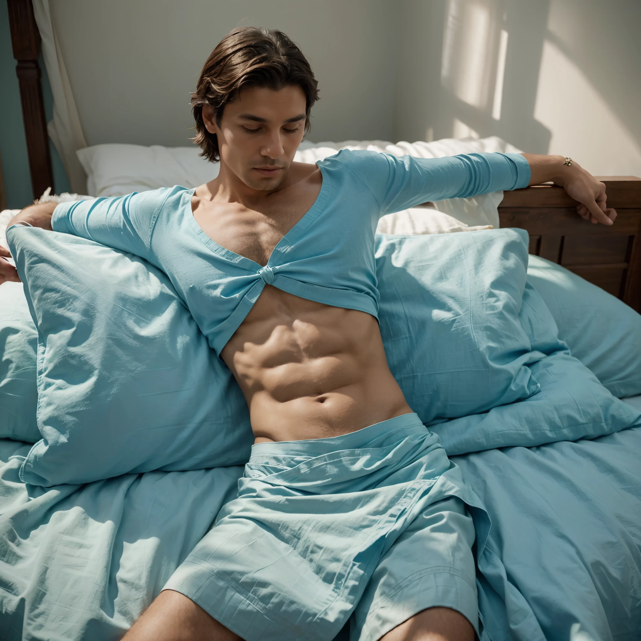 I am admiring a beautiful male body with native folk ornaments, displayed on a bed with a light blue tablecloth, soft light, quiet, early 1800s, Spain, oil on canvas --v 6.0 --s 300