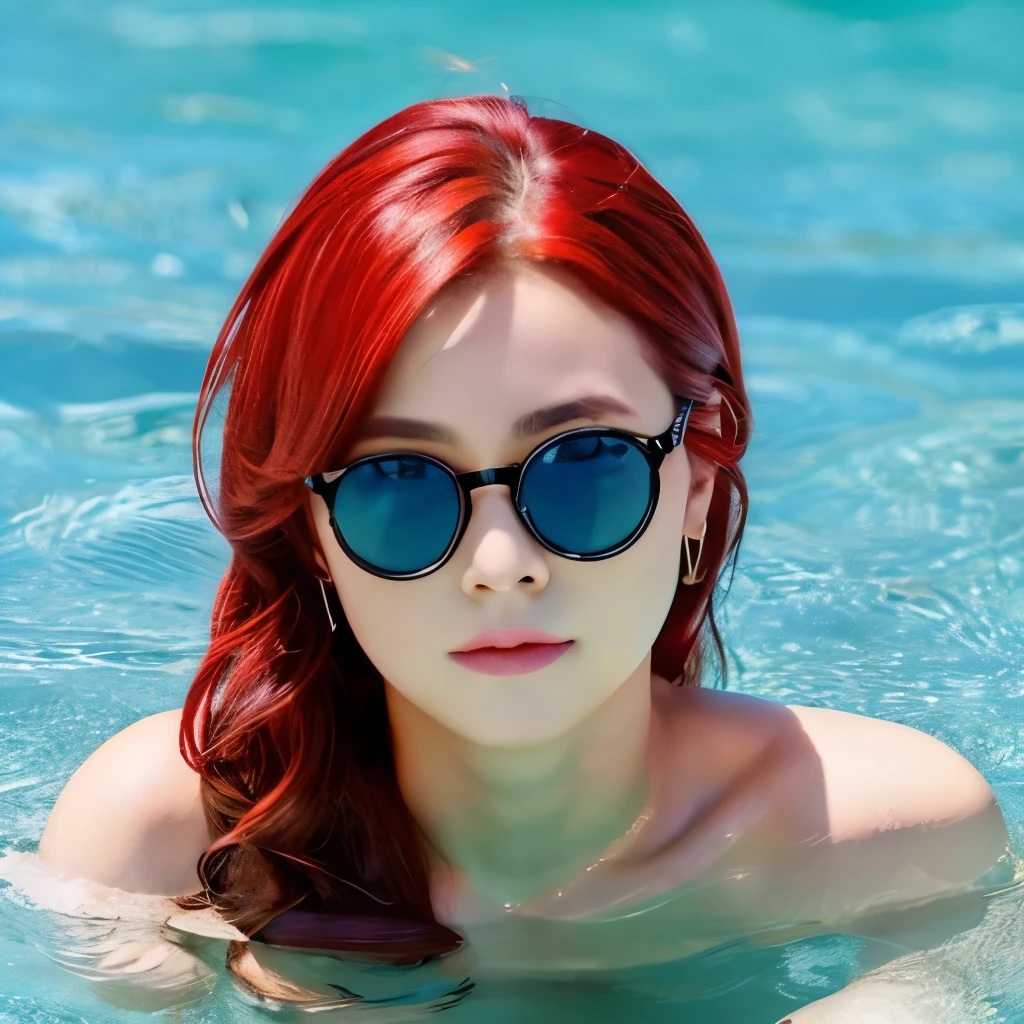 Park Jimin red hair tied back tattoo light blue eyes glasses in the water red