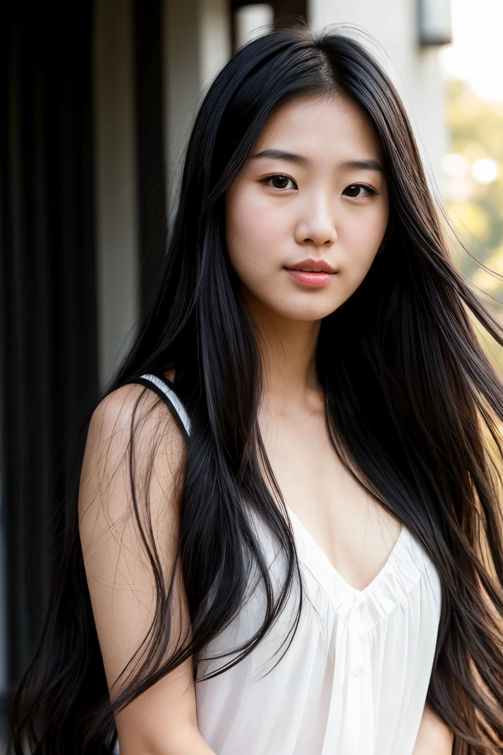 A photorealistic portrait of a 25 year old asian girl with long, flowing black hair and striking dark eyes. It should have a natural, approachable expression and be lit by soft golden sunlight. She has a fine face, she look like luna okko, she is beautiful