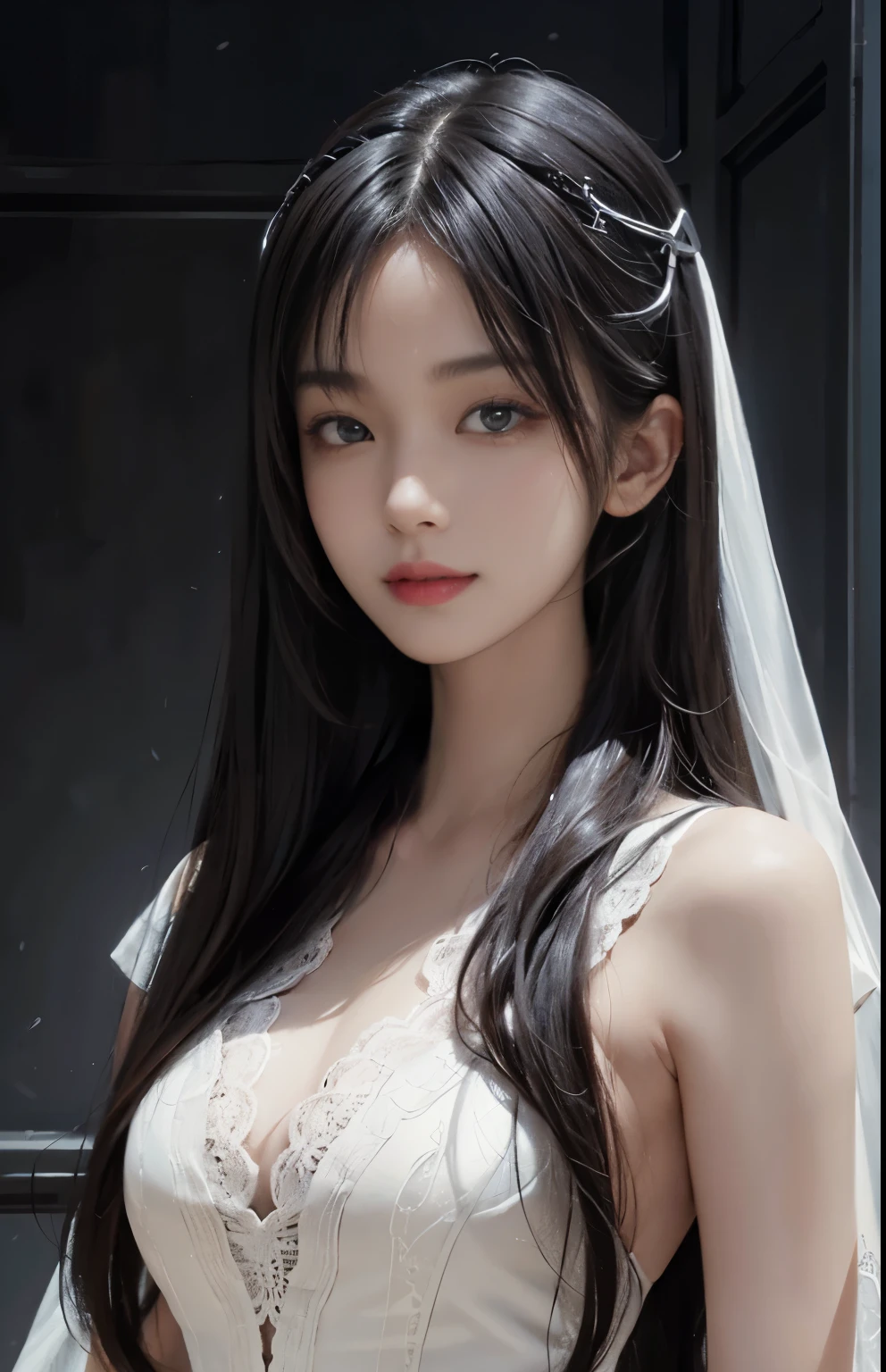 (surreal), (shape), (Improved resolution), (8k), (very detailed), (Best shape), (beautiful and detailed eyes), (highest quality), (Super detailed), (masterpiece ), ( wallpaper), (detailed face), 1 girl, 17 years old, white shawl,  lace chest,  big breasts, looking at the viewer, small details, detailed face, in the dark, deep shadow, private key, Pure erotic face ace_v1, smile, long hair, black straight hair , 46 point diagonal bangs