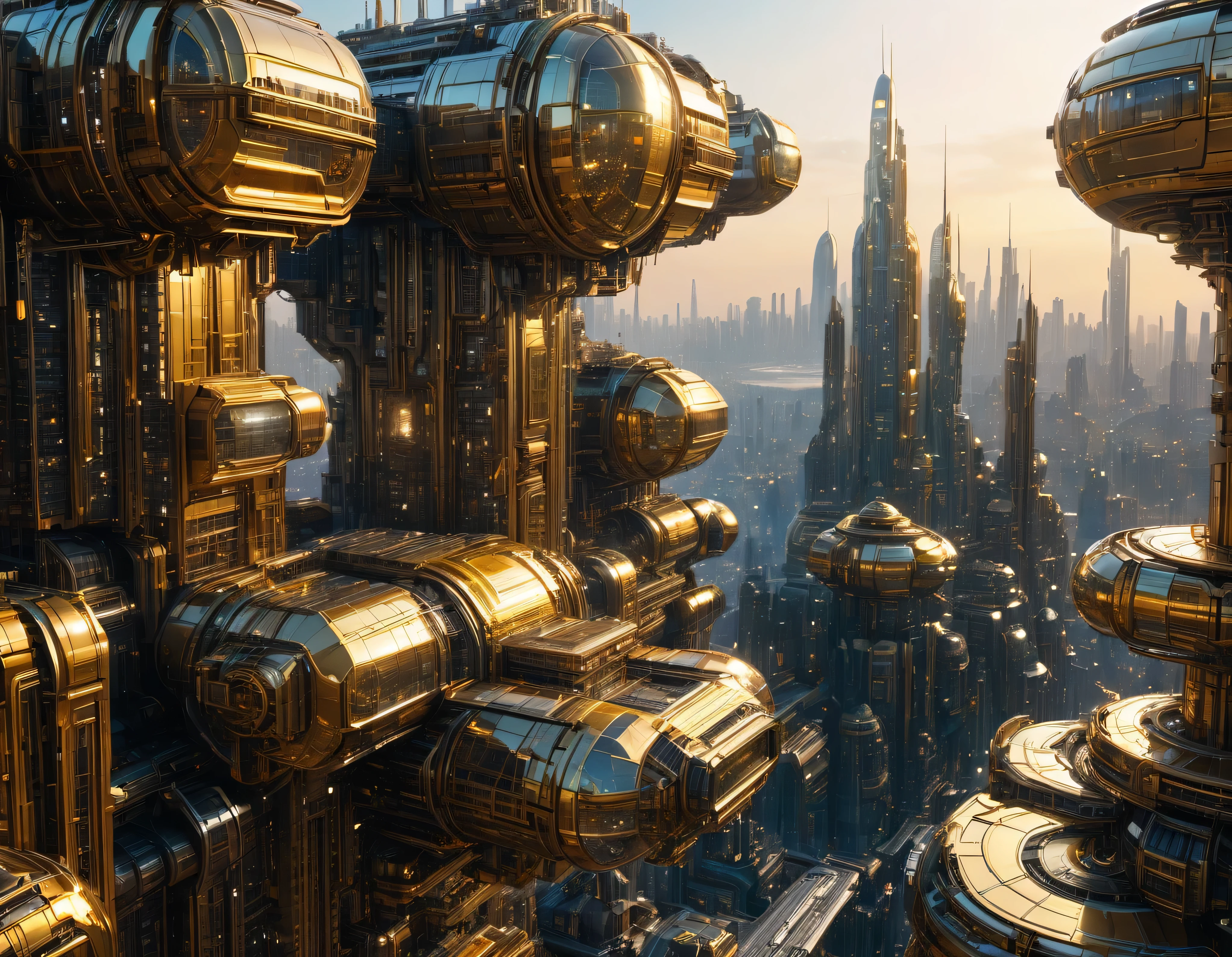 (golden hour lighting), megacity, megalopolis of an imaginary world of science fiction and maximum fantasy, con inmensos edificios ovalados , rascacielos y dodecaedricos agrupados de metal y cristal donde predomina el oro. imagen bien definida 8k, (intrincados detalles de la maquina), con muchos edificios juntos.(obra maestra de superior calidad).(imagen fotorrealista), nitidez absoluta hasta el fondo