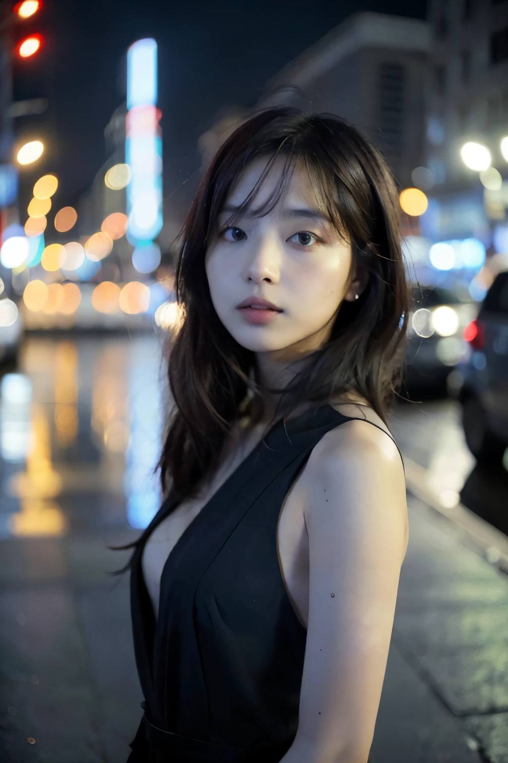 ((highest quality)), ((masterpiece)), (cinematic aesthetic:1.4) Beautiful Korean fashion model bokeh city night photo
