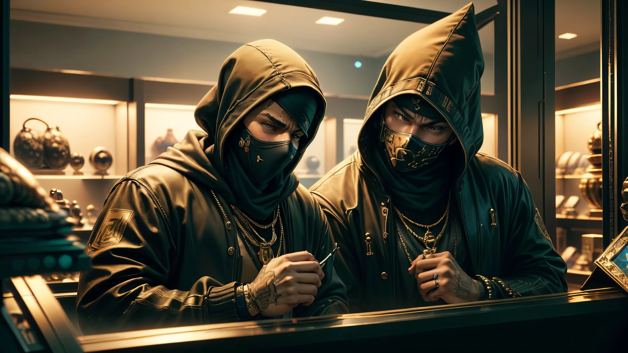 best quality, ultra high resolution，masterpiece,（reality，close up） Two masked gangsters，in a jewelry store，Robbery of jewelry