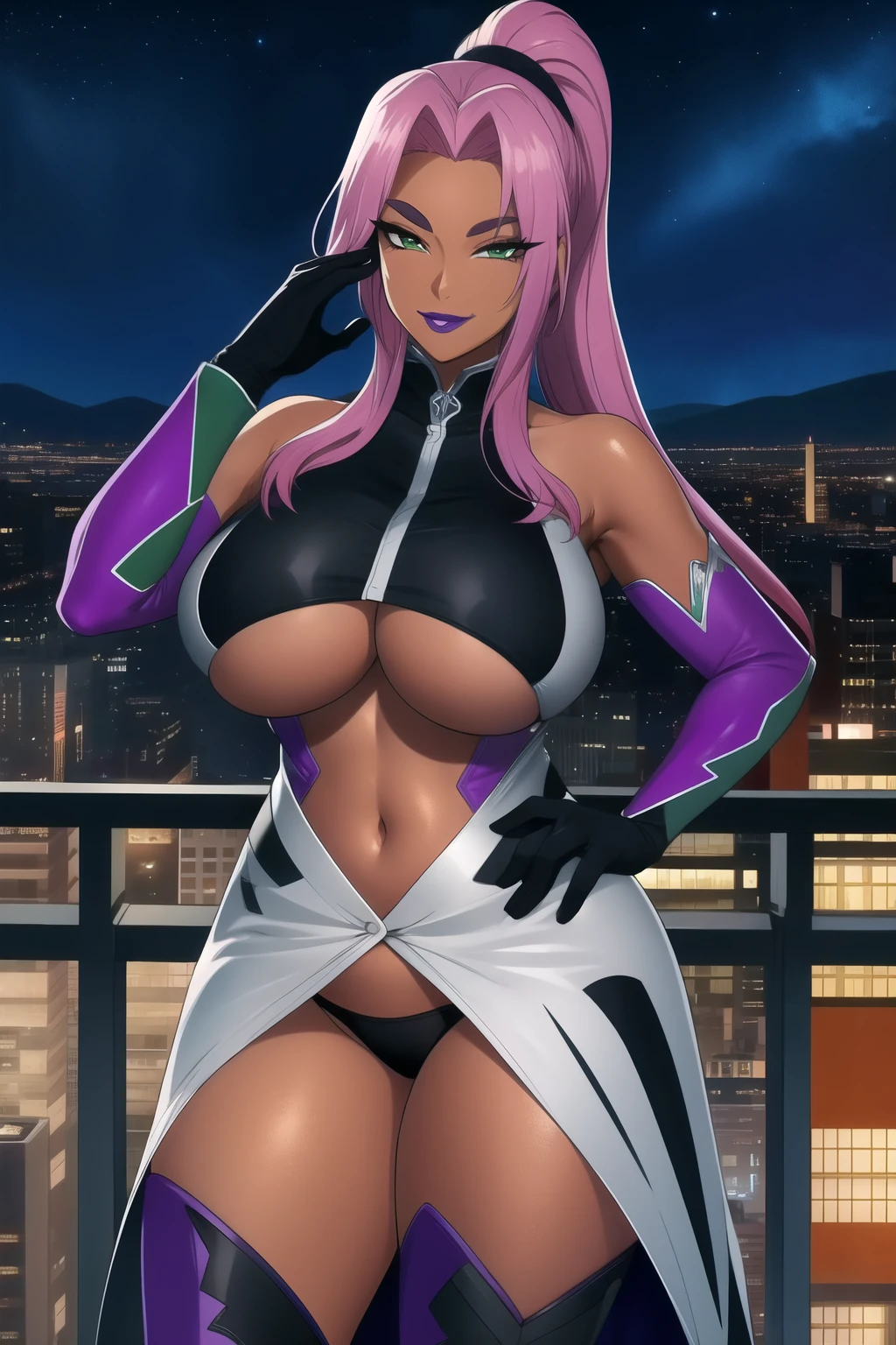 (high quality:1.1), intricate details, cinematic lighting, official art,
(Ingrid:1.1), dark-skinned female, (hand on own face:1.1), hand on hip,  cowboy shot, close-up,
determined, smirk, (looking at viewer:1.1), seductive smile,
purple hair, long hair, ponytail, makeup, purple lips, lipstick, thick eyebrows, green eyes,
(helloutfit:1.1), underboob, elbow gloves, thigh boots, highleg panties, bare shoulders,
curvy, midriff, gigantic breasts, areola slip, (covered nipples:1.1),
night, night sky, rooftop, skyscraper,
