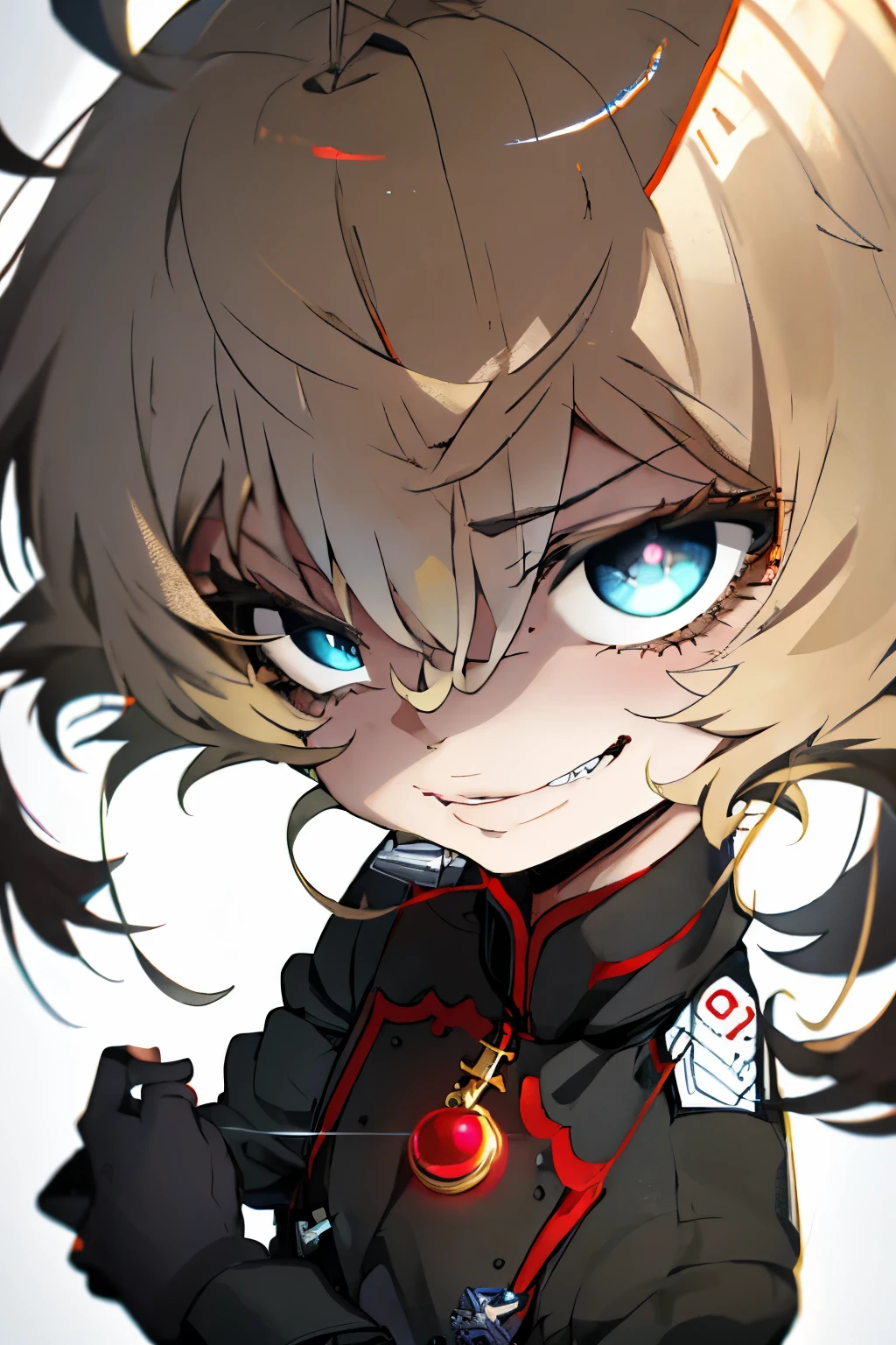 (masterpiece, highest quality: 1.1), 1 girl alone, listen, 1 girl, alone, , flat chest, small breasts, winding, army, army uniform, ,, evil smile, evil expression, anger, red eyes, Neutral lighting