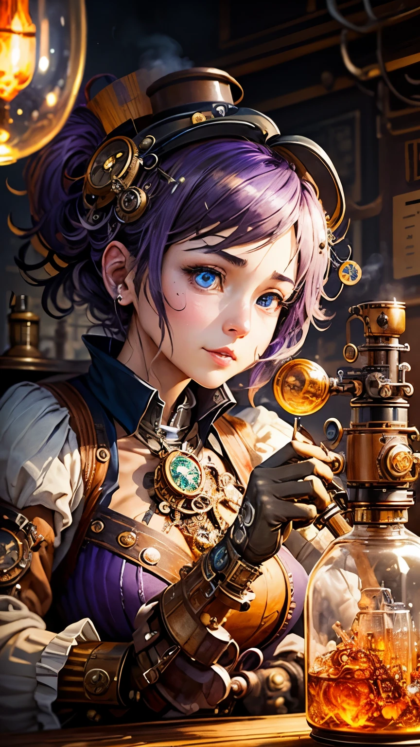 steampunkai。highest quality。masterpiece。detailed details。one woman。Chemist in steampunk style。Experimenting on a messy desk。expression of joy。An experimental device that combines a flask, an alcohol lamp, and a mysterious glass device.。Purple steam is blowing out from a glass tube somewhere.。The background is a messy laboratory。