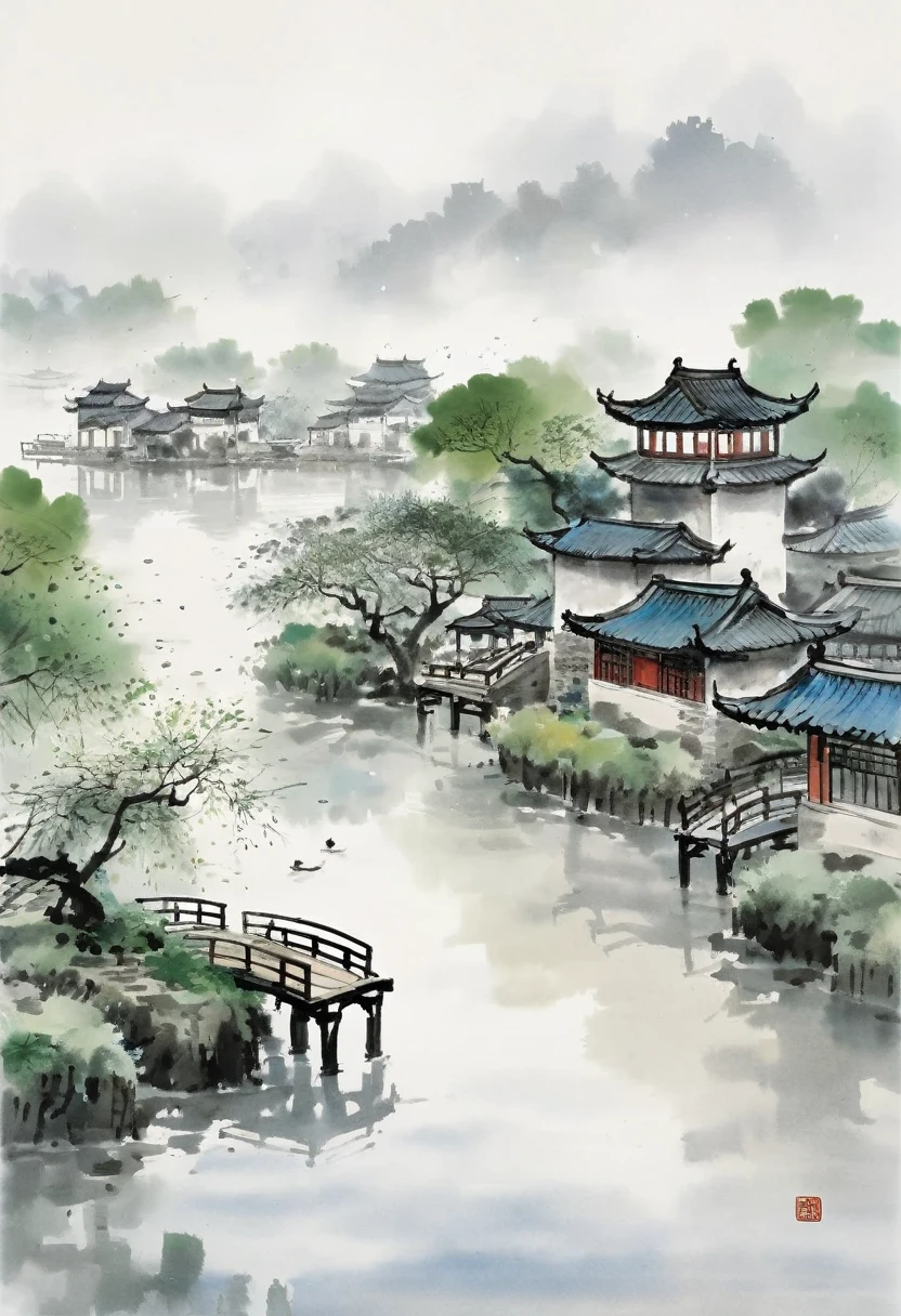 A serene scene of Jiangnan Water Towns, emulating the brushstrokes and aesthetic of Wu Guanzhong. Featuring intricate yet effortless ink washes, capturing the misty atmosphere and serene tranquility of the region. Reflecting ponds with traditional houses and bridges, surrounded by lush greenery and subtle hues of gray and blue. Emphasize the harmonious blend of nature and architecture, capturing the essence of Wu Guanzhong's artistic vision.