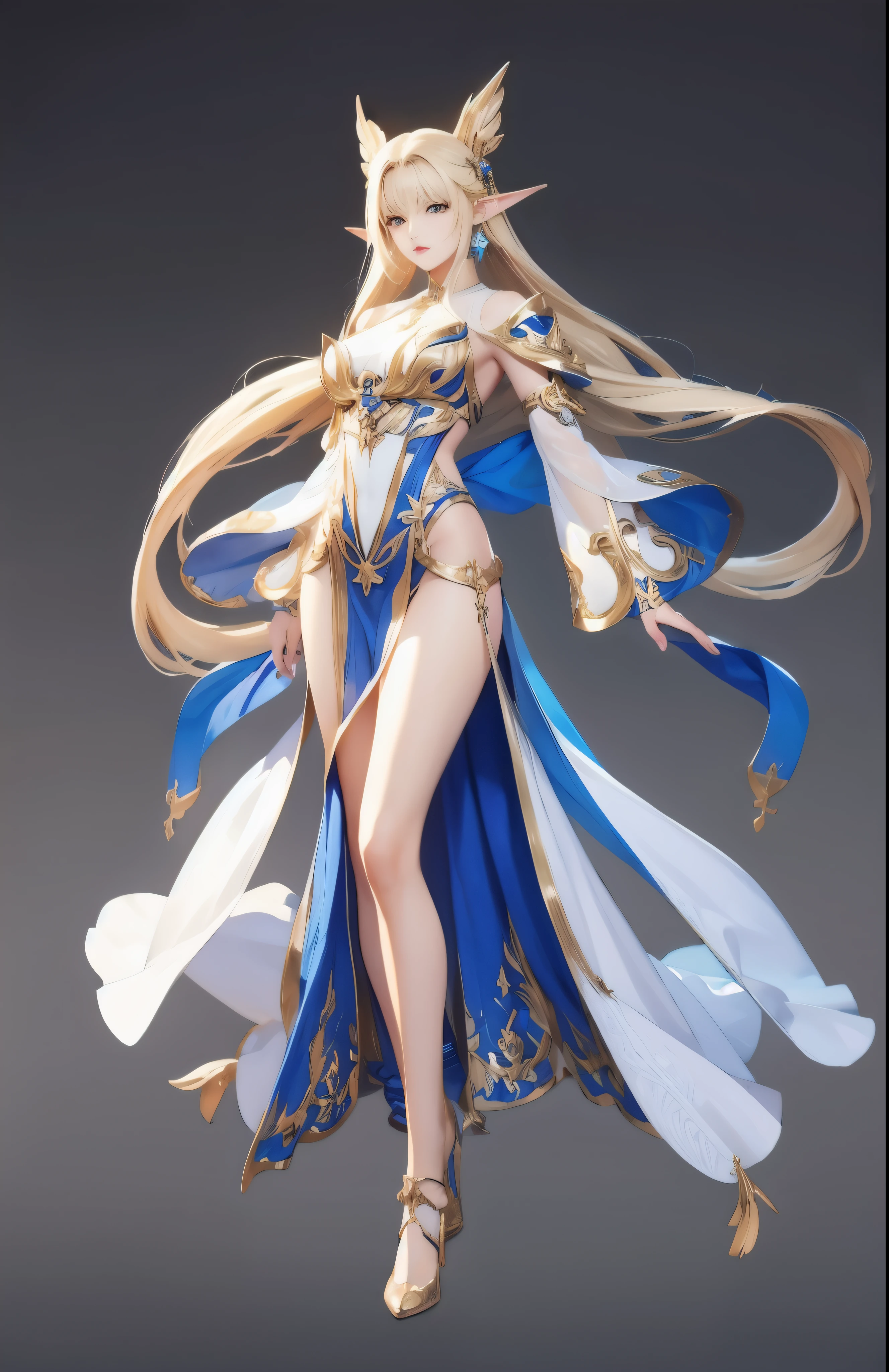 ((masterpiece, best quality)),concept art, Miss,, Detailed face，pointed ears, full body details, full of details, Very detailed, depth, many parts, long golden hair，Angel。beautiful Miss, muscular body, Holy Scapular Clothes,Angel翅膀。（blade and soul style）High heel,jewelry, braid, earrings,stand