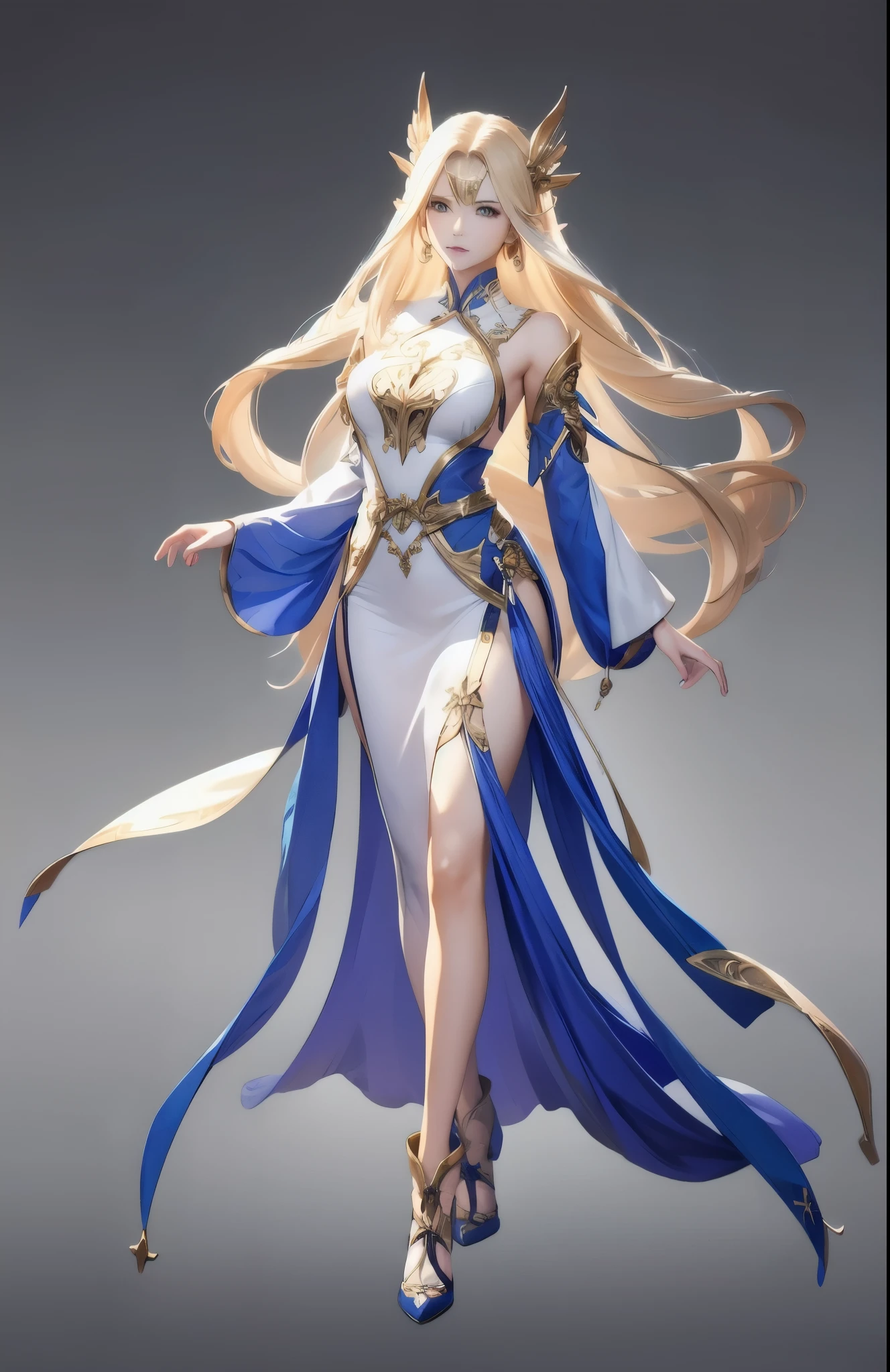 ((masterpiece, best quality)),concept art, woman,, Detailed face，pointed ears, full body details, full of details, Very detailed, depth, many parts, long blonde hair，Angel。beautiful woman, muscular body, saint attire clothes,Angel翅膀。（Blade and Soul style）High heel,jewelry, braid, earrings,stand