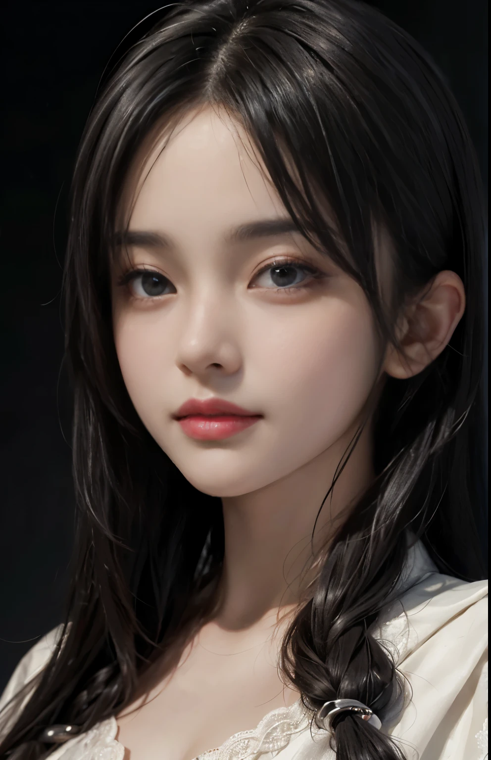 (surreal), (shape), (Improved resolution), (8k), (very detailed), (Best shape), (beautiful and detailed eyes), (highest quality), (Super detailed), (masterpiece ), ( wallpaper), (detailed face), 1 girl, , white shawl,  lace chest,  big breasts, looking at the viewer, small details, detailed face, in the dark, deep shadow, private key, Pure erotic face ace_v1, smile, long hair, black straight hair , 46 point diagonal bangs