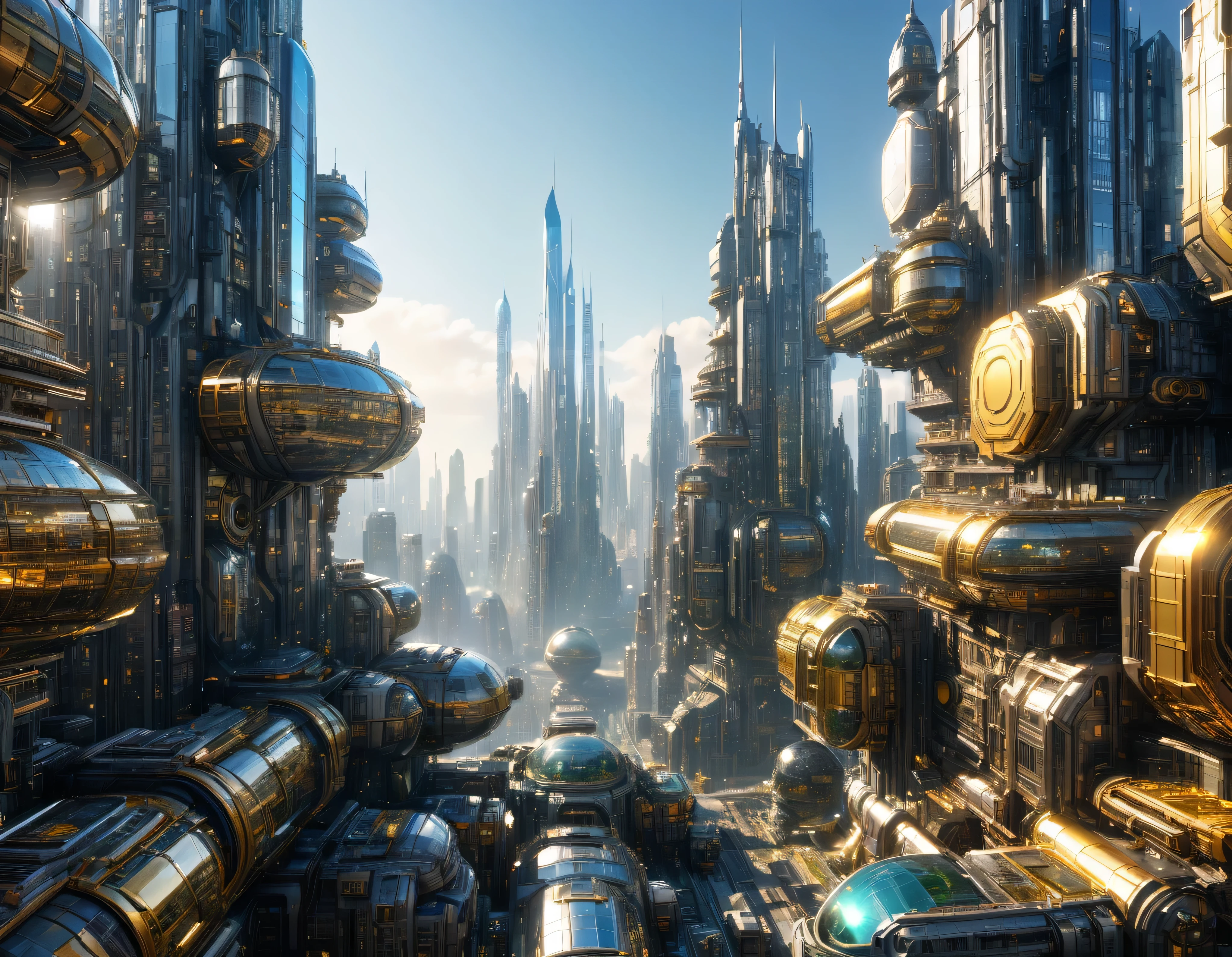 (sunny mid-morning lighting), megacity, megalopolis of an imaginary world of science fiction and maximum fantasy, con inmensos edificios ovalados , rascacielos y dodecaedricos agrupados de metal y cristal donde predomina el oro. imagen bien definida 8k, (intrincados detalles de la maquina), con muchos edificios juntos.(obra maestra de superior calidad).(imagen fotorrealista), nitidez absoluta hasta el fondo.