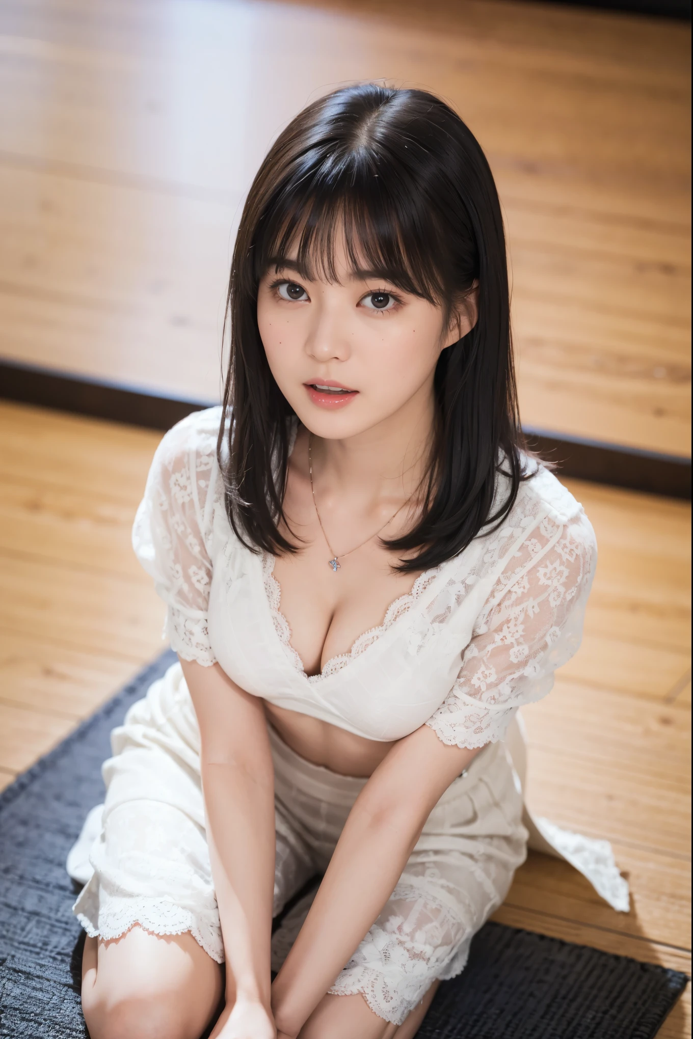 30 years old、japanese woman、30 years old、Functionality、one person、one personで, one personの女性、unparalleled beauty,Beautiful woman,scary expression,(prison),(prison),(in a cage),concrete floor、put your arms back、sit together'knees,kneeling position,Female dog、orgasm,((open your mouth)),white lace bra、necklace、Kamimei, with cuff,fetters,surrealism, black hair、medium hair、straight hair、f/1.2, fujifilm, 35mm, 8k, Super detailed, nffsw, table top, rough skin, high quality, 最high quality, hard disk、black hair、medium hair、bangs、bangsあり、((Floor seen from above:1.2))