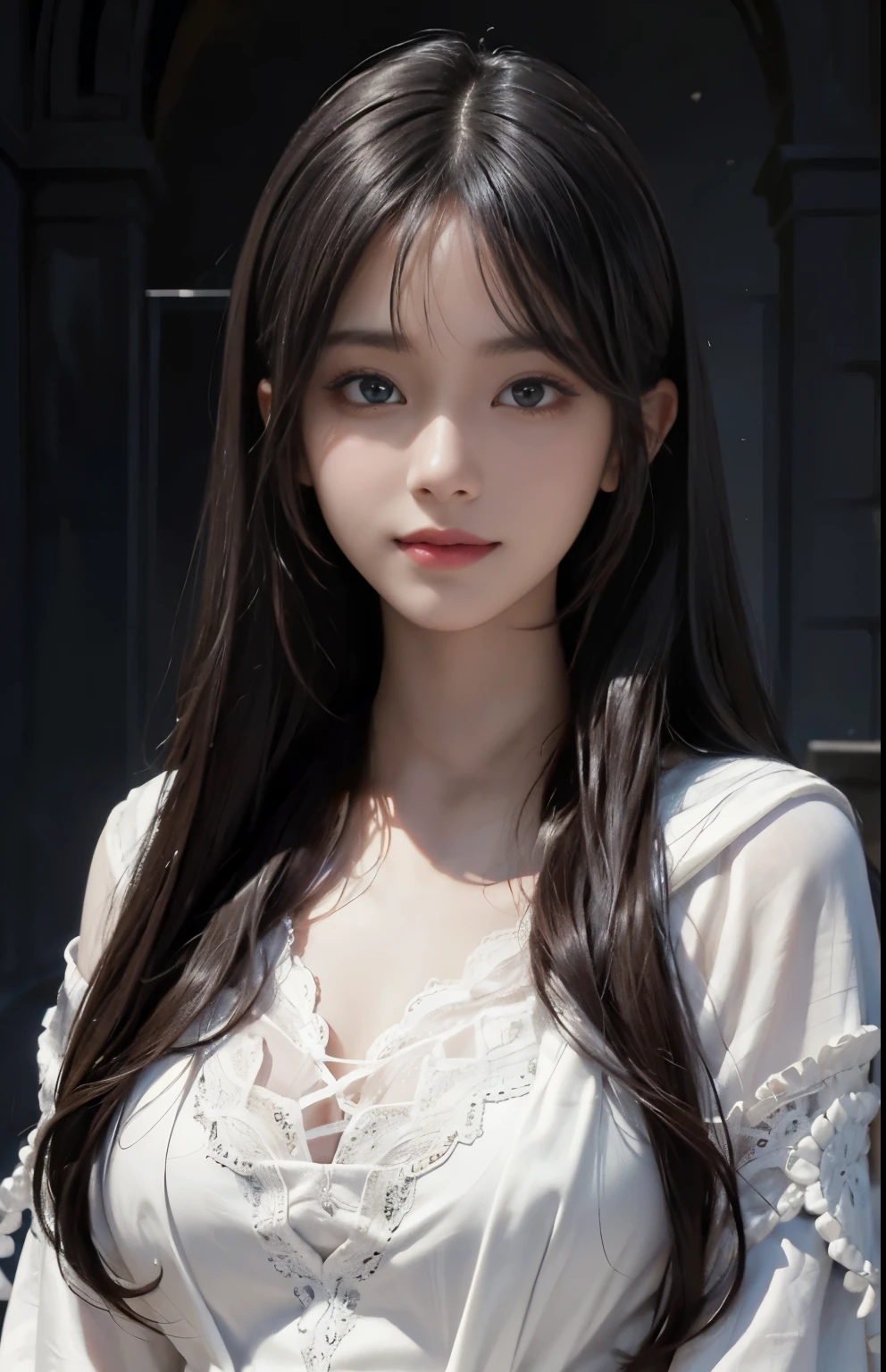 (surreal), (shape), (Improved resolution), (8k), (very detailed), (Best shape), (beautiful and detailed eyes), (highest quality), (Super detailed), (masterpiece ), ( wallpaper), (detailed face), 1 girl, , white shawl,  lace chest,  big breasts, looking at the viewer, small details, detailed face, in the dark, deep shadow, private key, Pure erotic face ace_v1, smile, long hair, black straight hair , 46 point diagonal bangs