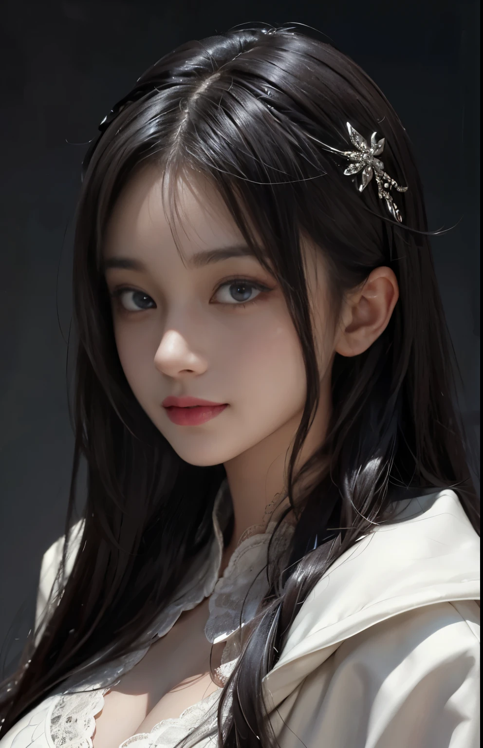 (surreal), (shape), (Improved resolution), (8k), (very detailed), (Best shape), (beautiful and detailed eyes), (highest quality), (Super detailed), (masterpiece ), ( wallpaper), (detailed face), 1 girl, 17 years old, white shawl,  lace chest,  big breasts, looking at the viewer, small details, detailed face, in the dark, deep shadow, private key, Pure erotic face ace_v1, smile, long hair, black straight hair , 46 point diagonal bangs