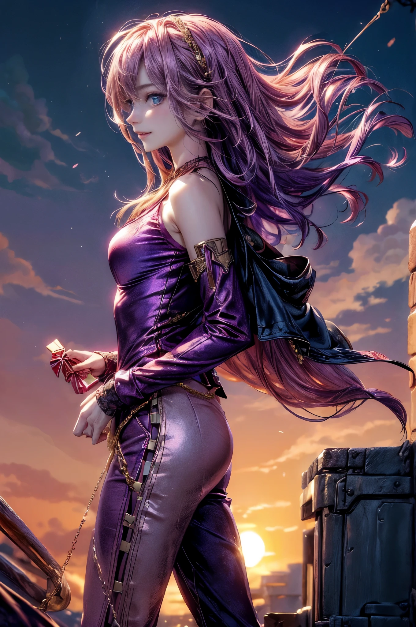 cinematic lighting、highest quality,cyberpunk world、1 female、(25 year old beautiful woman、Detailed beautiful facial featureedium hairの紫髪、shoulder length hair、messy hair、blue eyes、profile:1.4)（put your hand on your face、How evil people laugh、crazy smile:1.6）break,medium hair、（purple hair:1.5）

BREAK
(Silky blush satin pink track suit:1.4) paired with (metallic rose gold slip-on sneakers:1.2) and (a delicate rose gold body chain worn over the jacket:1.3). Accessorized with (rose gold stud earrings:1.1), (a sleek hair tie with gold accents:1.0),

break.（暗いpurple hair:1.5）(evil smile:1.4)(包装されたプレゼント🎁1つを持って:1.5)BREAK
（You can see the morning sun、on the cliff、endless sky:1.2）break（portrait angle）