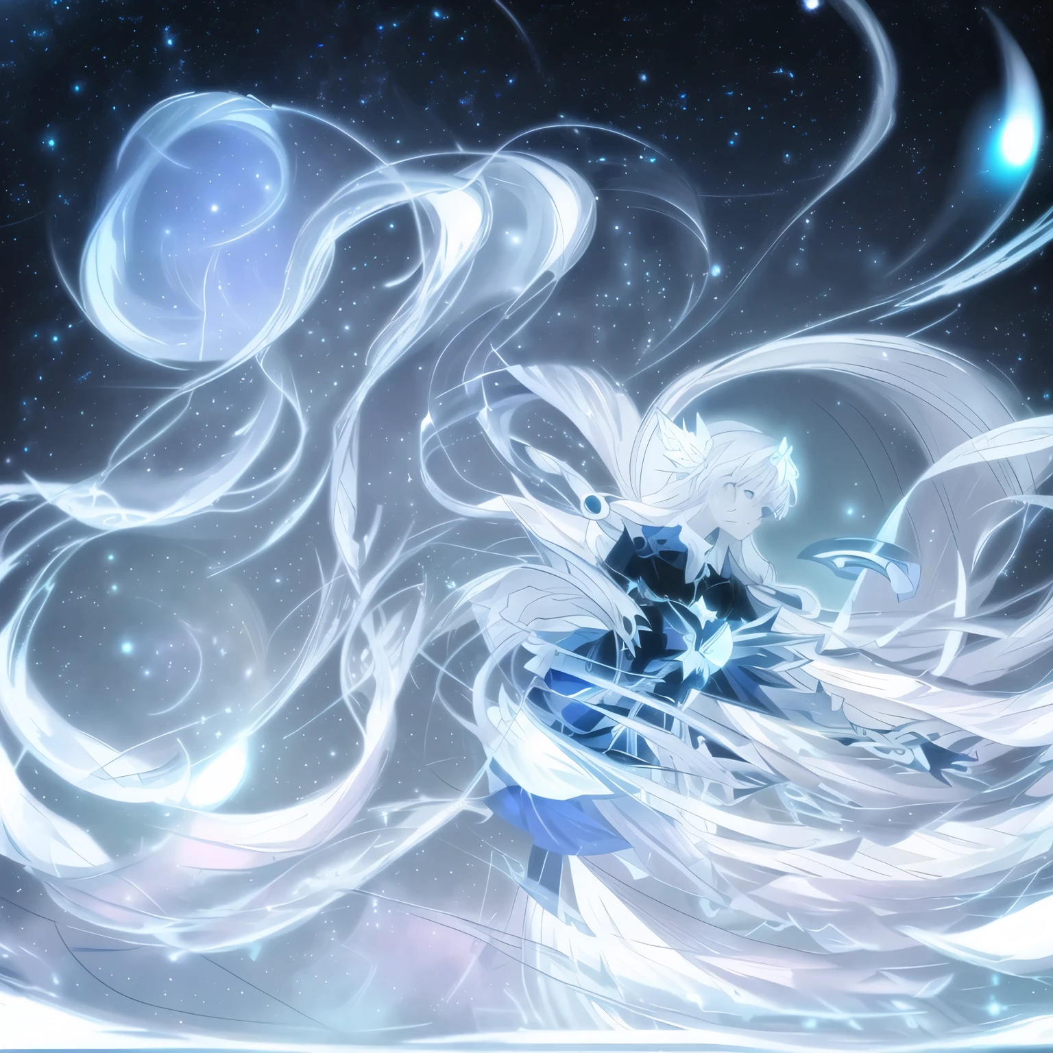 anime girl with long white hair and a black hat in the sky, white haired deity, astral ethereal, goddess of galaxies, anime girl with cosmic hair, beautiful celestial mage, ethereal anime, astral fairy, ethereal essence, astral background, goddess of space and time, cyborg goddess in cosmos, astral appearance, celestial goddess, white hair floating in air, beautiful fantasy anime