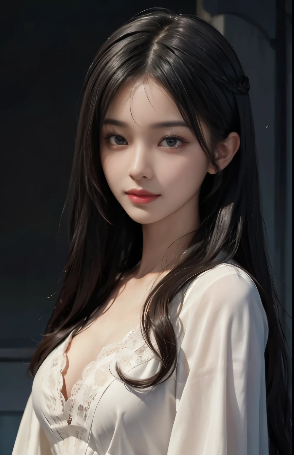 (surreal), (shape), (Improved resolution), (8k), (very detailed), (Best shape), (beautiful and detailed eyes), (highest quality), (Super detailed), (masterpiece ), ( wallpaper), (detailed face), 1 girl, ************, white shawl,  lace chest,  big breasts, looking at the viewer, small details, detailed face, in the dark, deep shadow, private key, Pure erotic face ace_v1, smile, long hair, black straight hair , 46 point diagonal bangs