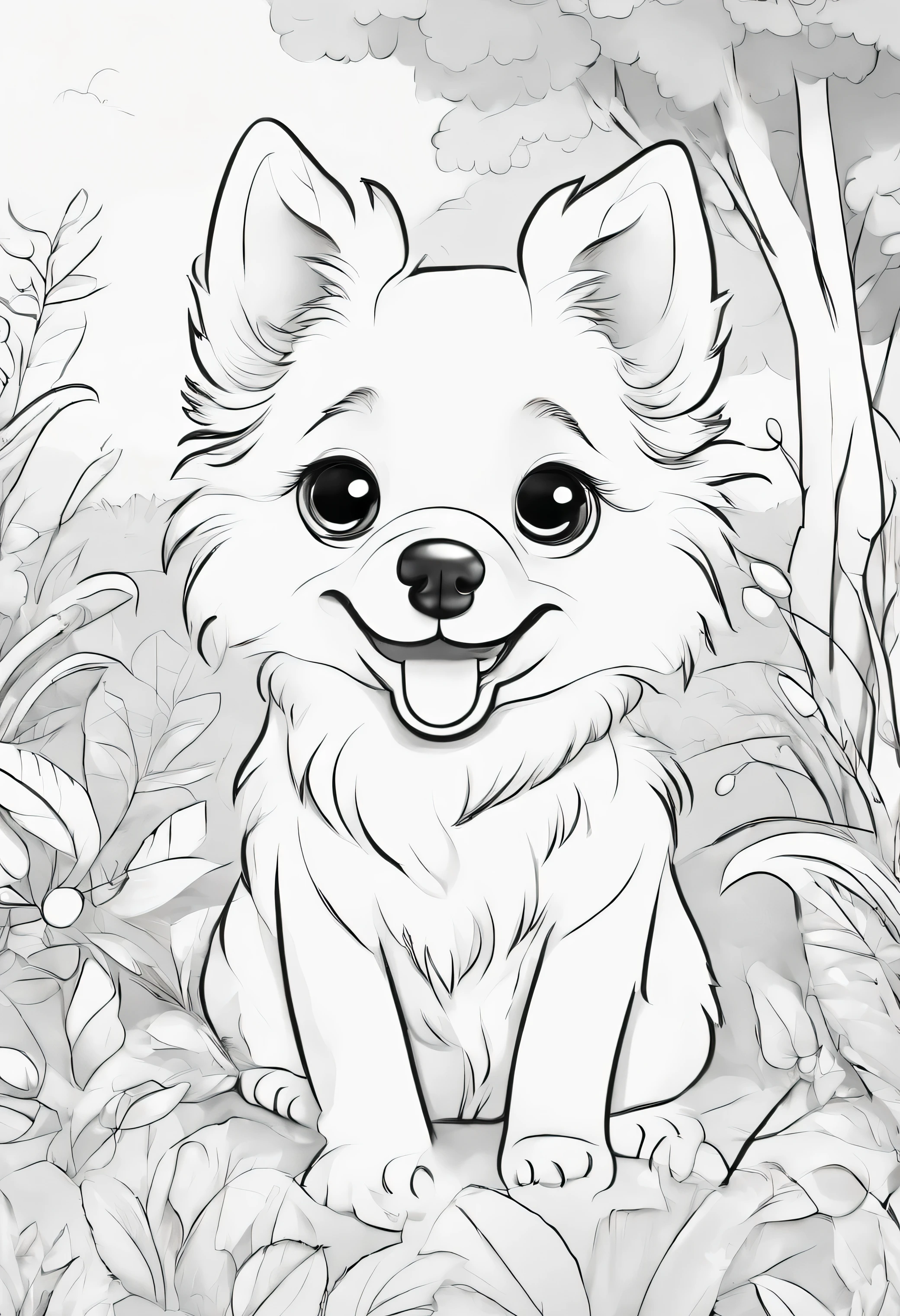 create an children coloring page that feature an adorably, fluffy kawaii- style dog enjoying a delightful summer day, whit big, expressive eyes, should, simple line art, cuteness-- 
