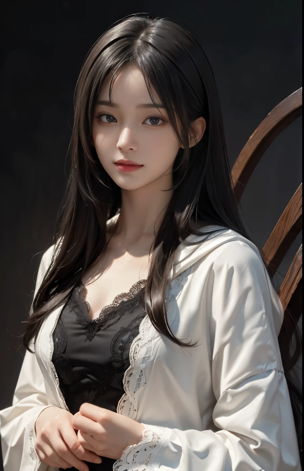 (surreal), (shape), (Improved resolution), (8k), (very detailed), (Best shape), (beautiful and detailed eyes), (highest quality), (Super detailed), (masterpiece ), ( wallpaper), (detailed face), 1 girl, 17 years old, white shawl,  lace chest,  big breasts, looking at the viewer, small details, detailed face, in the dark, deep shadow, private key, Pure erotic face ace_v1, smile, long hair, black straight hair , 46 point diagonal bangs