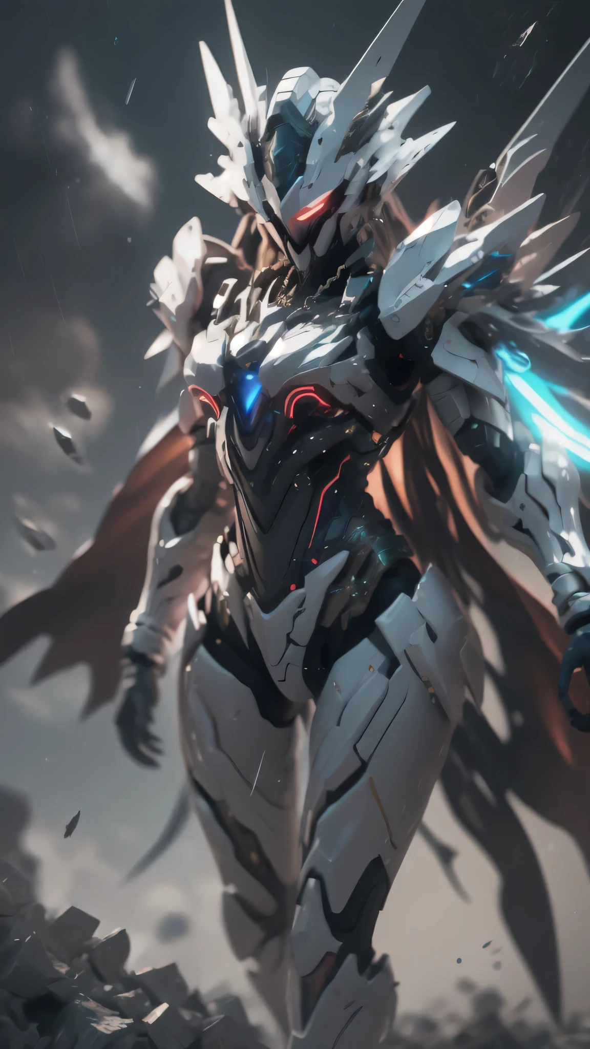 最high quality、best image quality、masterpiece、girl((20-year-old、 By becoming、vest bust、medium bust,wide open breast tea、shining eyes, neon hair、long hair、thin,highest valley、Black Hero Suit、Red Hero Mask、blue cloak、scream、full body tattoo,diamond earrings、Wristband、necklace,dual sword style)),high quality、beautiful art、background((night、red thunder、storm、gust of wind、tornado))、Flight、debris flies、Depth of written boundary、movie、visual art、perfect art、8k,genuine、