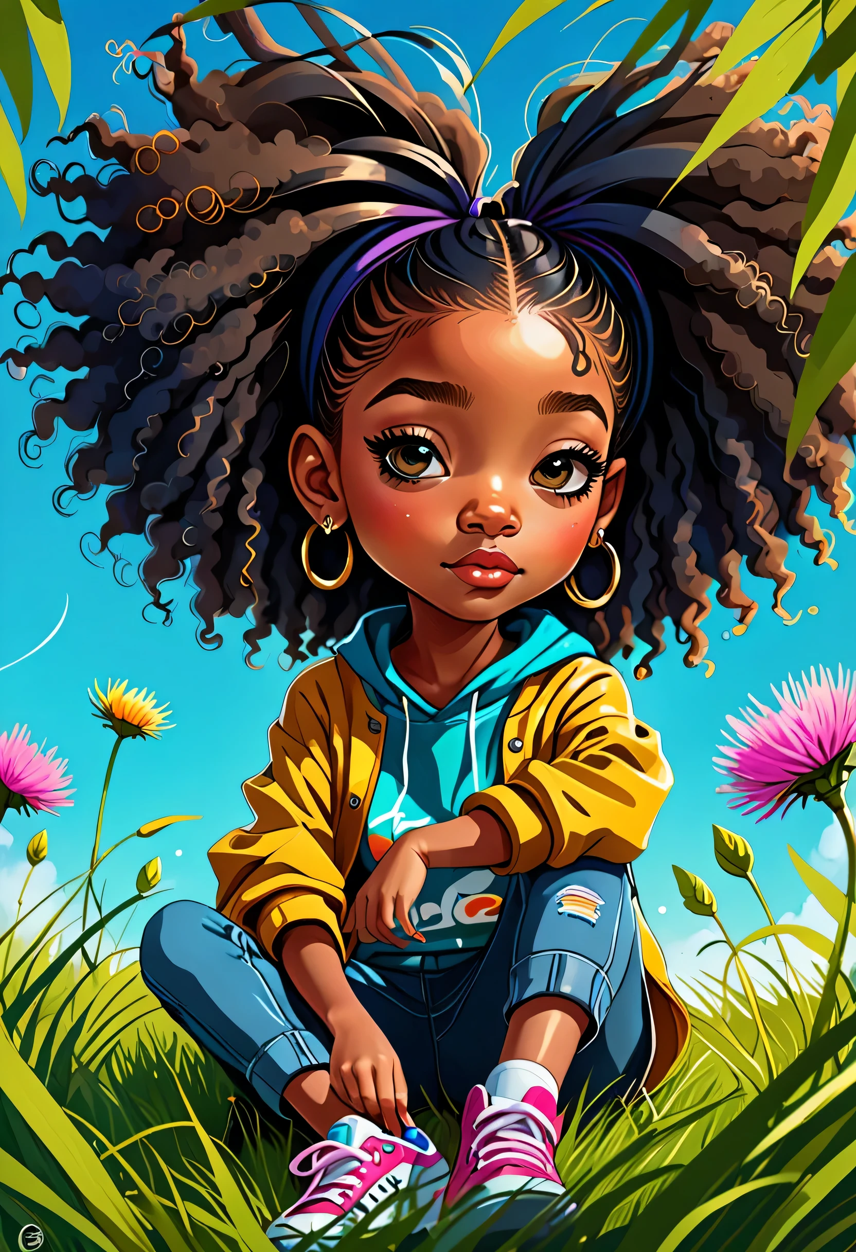 a cartoon picture of a girl with big hair sitting in the grass, adorable digital painting, childrens art in artstation, cartoon art style, african american girl, animated film, portrait of willow smith, super cute funky black girl, painting by android jones, vibrant cartoon art, afro futurism, portrait willow smith, cartoon digital painting, afrofuturism anime, afro