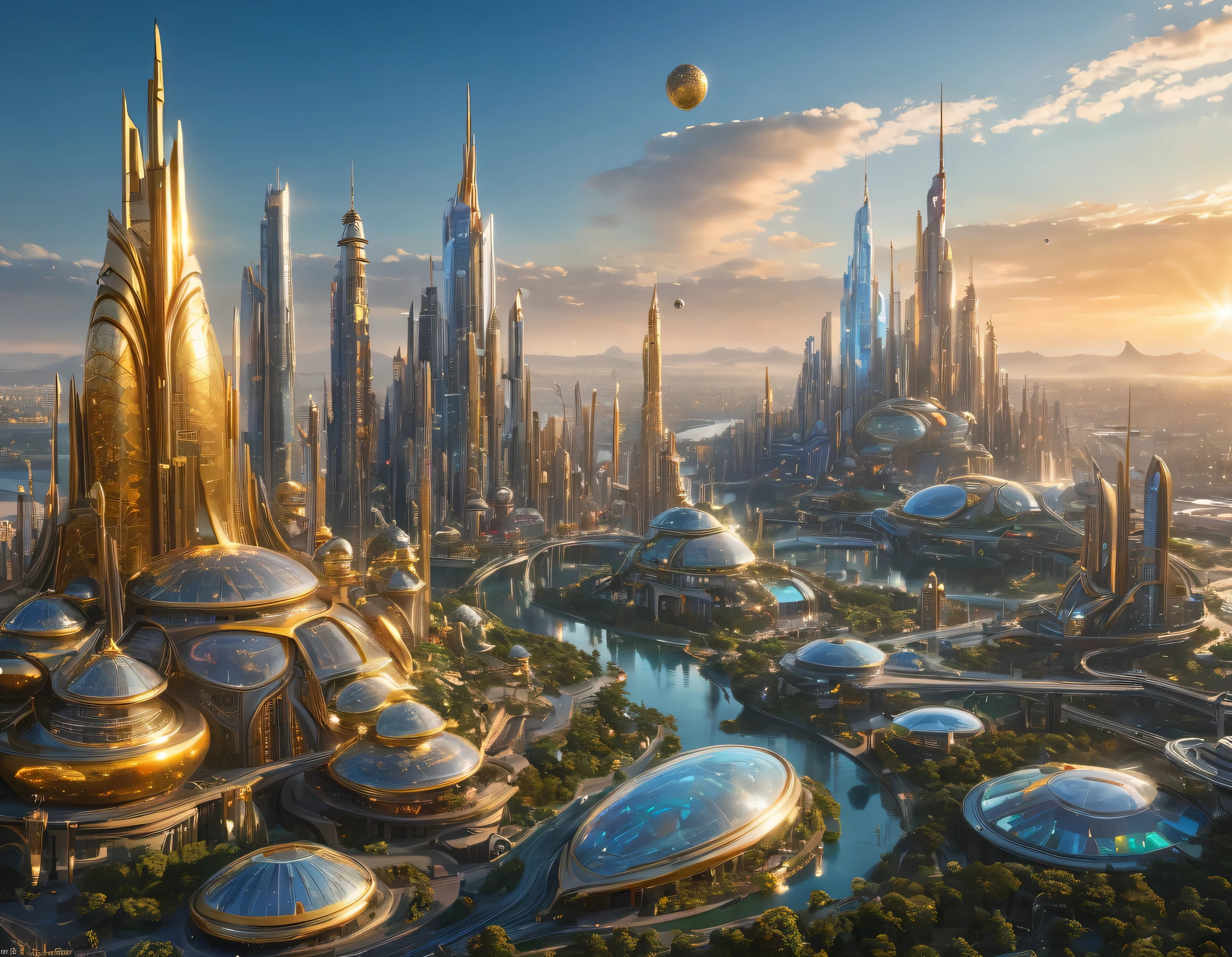 (golden hour lighting), megacity, megalopolis of an imaginary world of science fiction , parecido a una disneylandia futurista, and maximum fantasy, con inmensos edificios y rascacielos ovalados y dodecaedricos agrupados de metal y cristal donde predomina la plata y los anuncios luminosos de colores. imagen bien definida 8k, (intrincados detalles de la maquina), con muchos edificios juntos.(obra maestra de superior calidad).(imagen fotorrealista), nitidez absoluta hasta el fondo