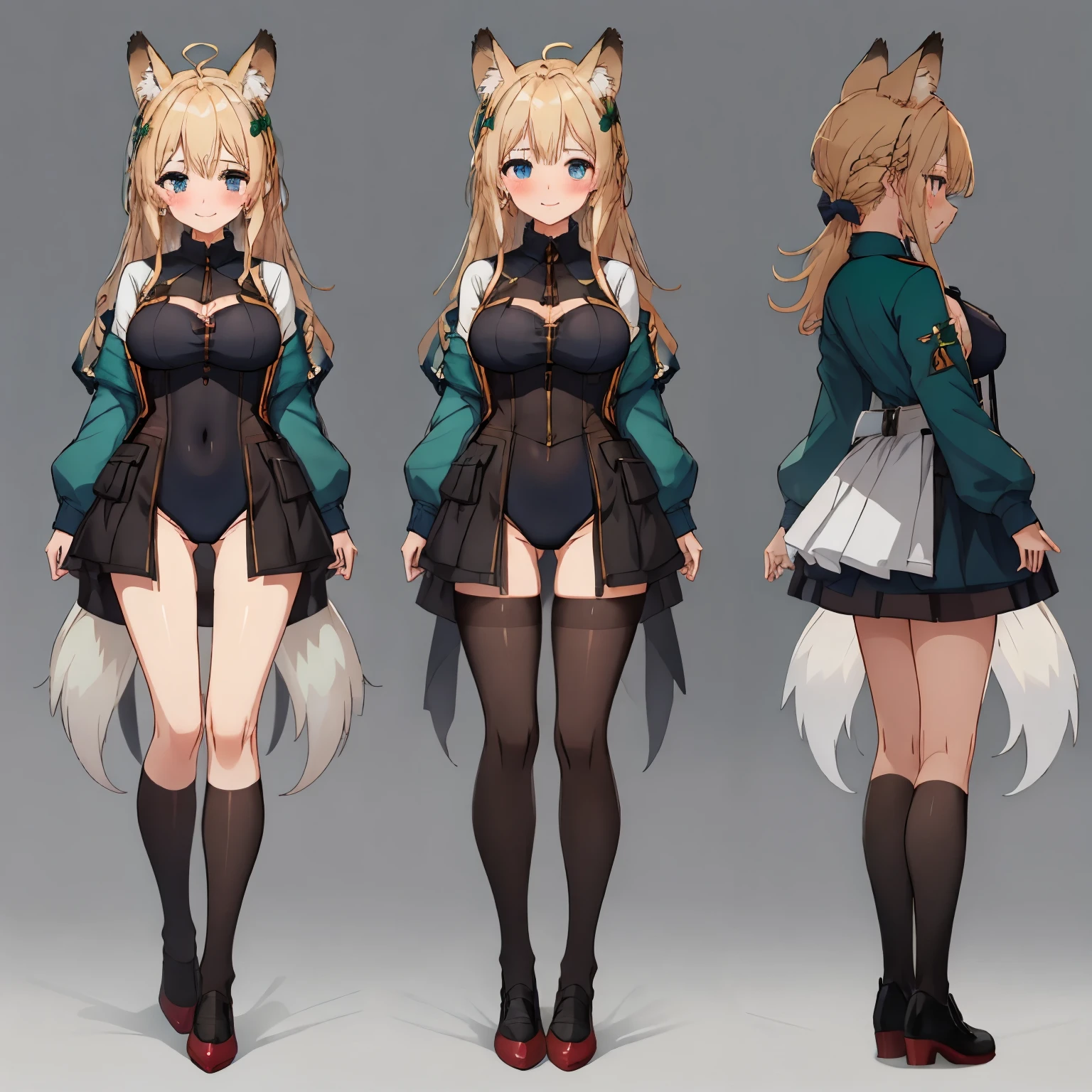 masterpiece: 1.6, highest quality: 1.4, live: 1.2, intricate details: 1.2, 1 girl, alone, (blonde), long hair, french braid, single ~ ~ ~ sidelock, amount: 1.5, fox ears, big fox tail: 5, deep blue eyes, bright eyes, big breasts, exposed thighs:1.7, green adventurer style jacket:1.5, leotard: 3, Pouch:2.5, full body shot, multiple views, front, return, ~ ~ ~ side, performance, ((Character setting material collection, Same character in different poses, personality reversal: 1.5, multiple views)), arms behind return, portrait, Happy, Are crying, Get angry, smile