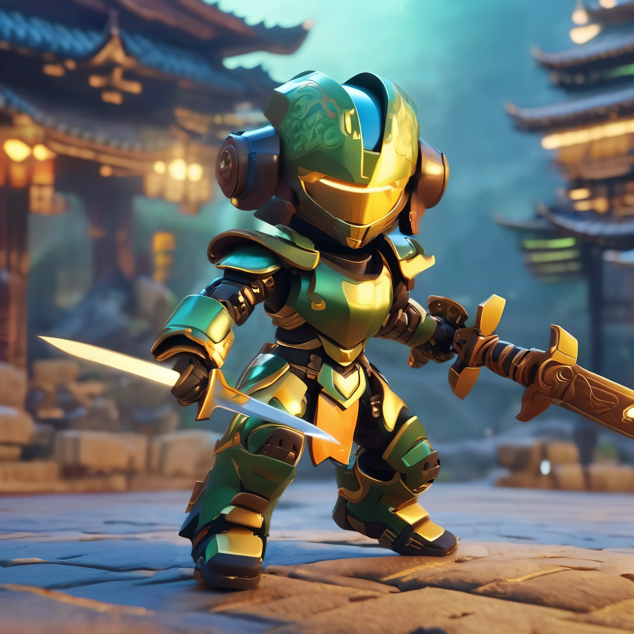 一个帅气的中国元素Mecha战士,chibi,man,steady,wearing a helmet,Light black eyes,( Obre:1 3) long hair,Outdoor activities,natural lighting,film grain,warrior寺,light, warrior, (universe),(holding sword:1.3), (Fight with other characters:1.2), luminescent, armor, luminescent eyes, Mecha, looking into camera,Has a shield in hand