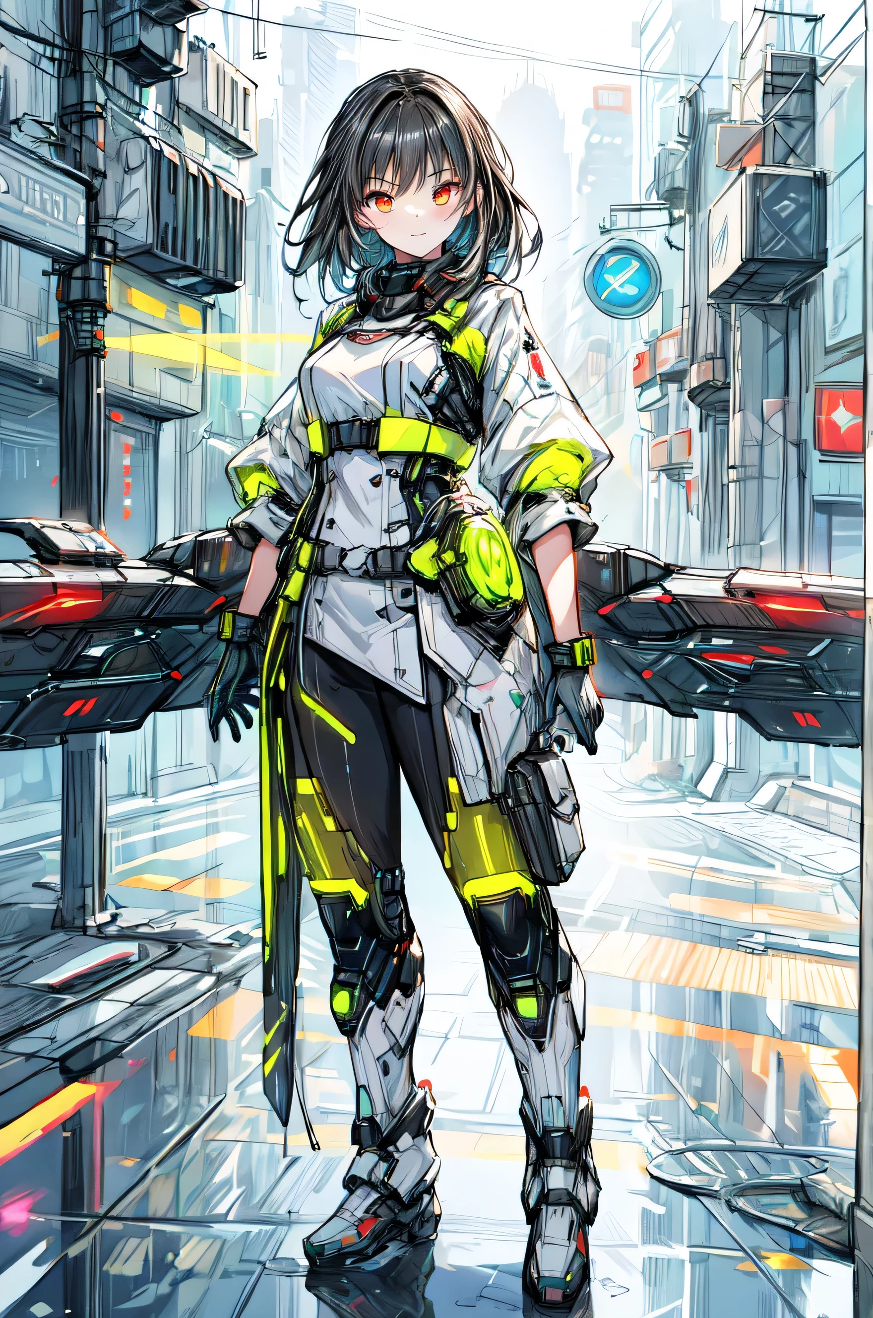 (best quality,4k,HDR:1.2),young,woman,cute face,full futuristic outfit,stylish,high-tech,shiny metallic textures,glossy transparent elements,reflective surfaces,neon lights,glowing accents,dynamic pose,vibrant colors,urban setting,nighttime scenery,sci-fi concept art,aesthetic,attention-grabbing,modern fashion,confident expression,sharp focus,ultra-detailed,professional,photorealistic