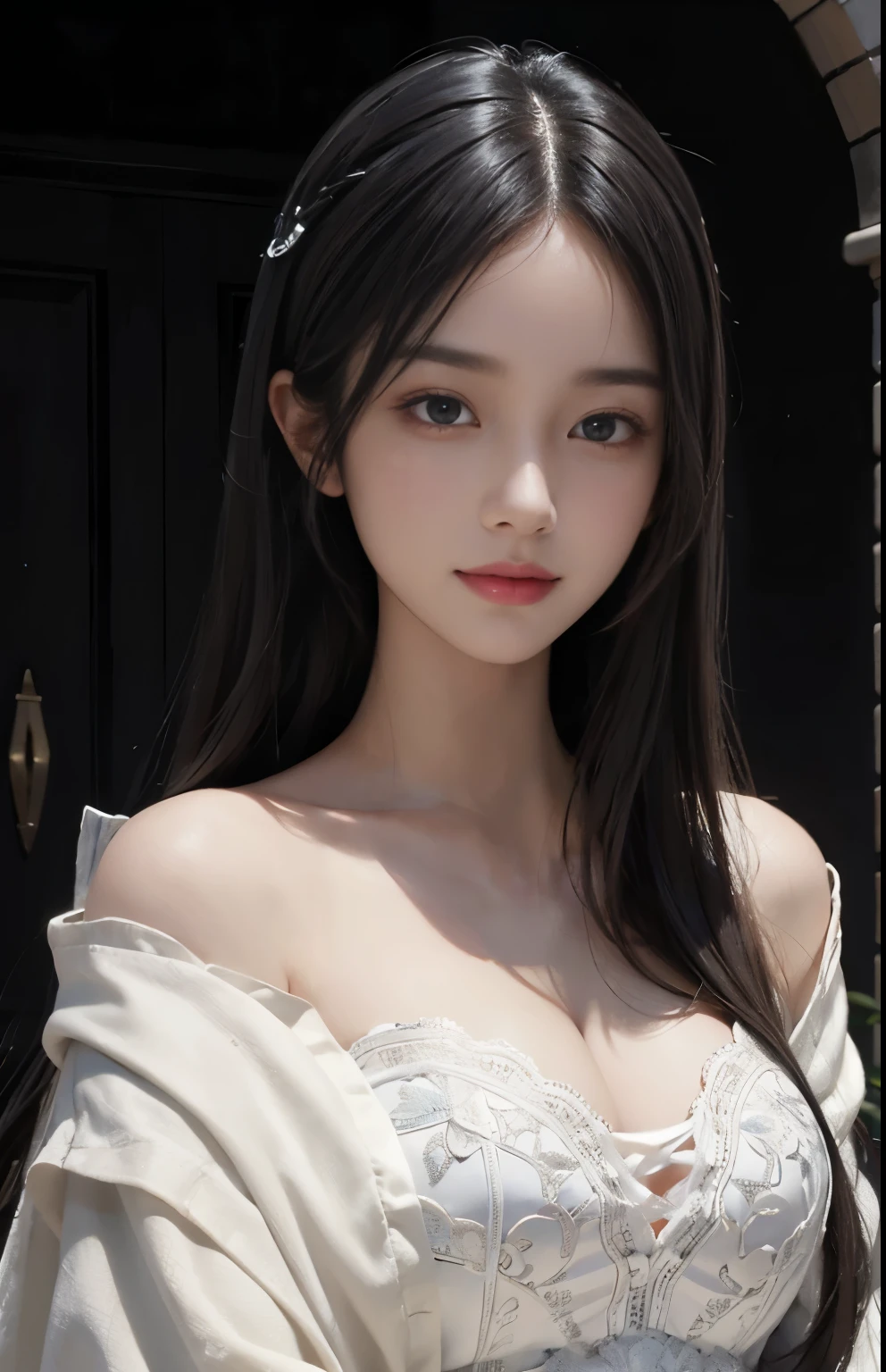 (surreal), (shape), (Improved resolution), (8k), (very detailed), (Best shape), (beautiful and detailed eyes), (highest quality), (Super detailed), (masterpiece ), ( wallpaper), (detailed face), 1 girl, 17 years old, white shawl,  lace chest,  big breasts, looking at the viewer, small details, detailed face, in the dark, deep shadow, private key, Pure erotic face ace_v1, smile, long hair, black straight hair , 46 point diagonal bangs