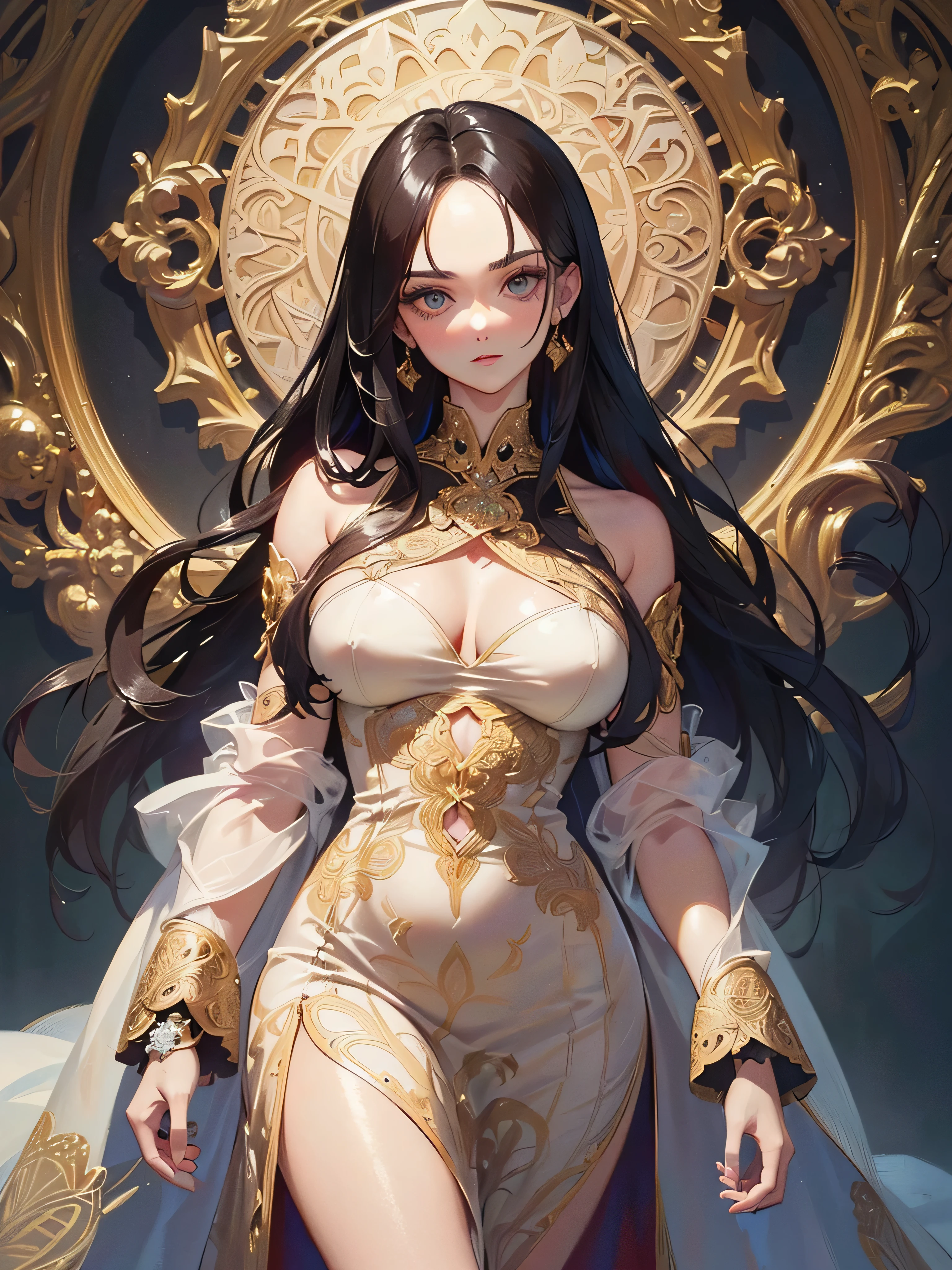 ((highest quality)),(ultra high resolution),(Super detailed),(detailed description),((best CG)),(best work of art),super precision art,amazing drawing art,(Art with precise details:1.5), (woman:1.6),(beautiful and well-shaped face:1.7),(intricately patterned silk dress:1.5),(Shiny and luxurious hair:1.6),(make:1.6),sparkling ornaments:1.3,Majestic Hall々,With confidence々