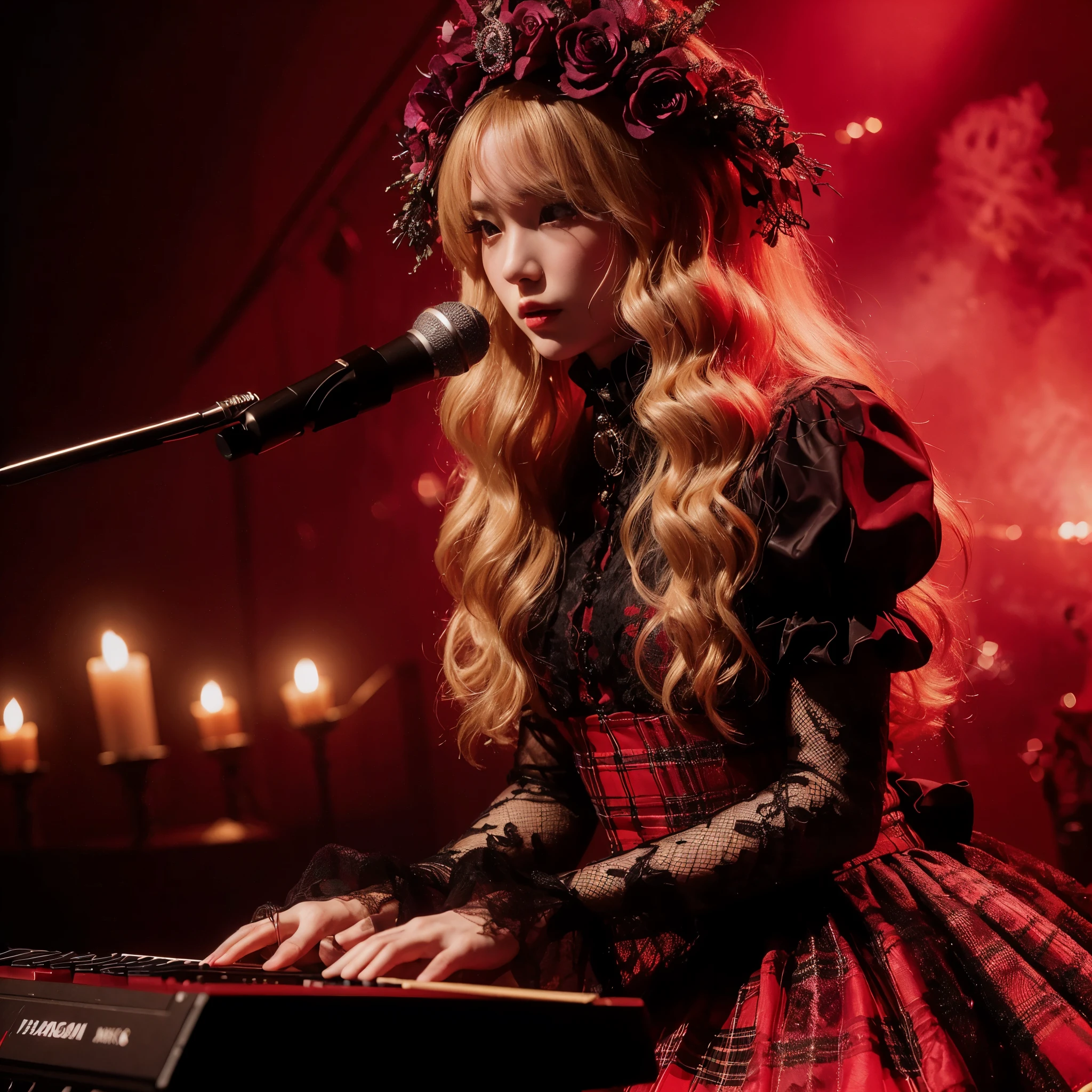 ((very sharp photo result & detailed face)) (((textile shading))), (((Best Quality))), (((masterpiece))) (((hyper realistic photo)) red light mood, a japanese keyboardist girl performing & singing on stage, blonde wavy hairs, pale skin, purple flower crown, wear tartan gowns black lace, net stockings & boots, at dark stage performance red smoke & candles on a night concert, band member as background, dark dramatic spotlight lamp on her, taken with hasselblad camera. HDR10 8K