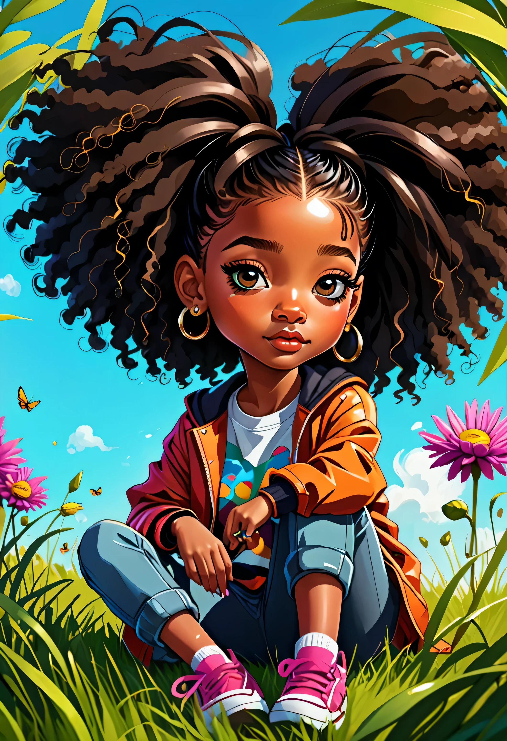 a cartoon picture of a girl with big hair sitting in the grass, adorable digital painting, childrens art in artstation, cartoon art style, african american girl, animated film, portrait of willow smith, super cute funky black girl, painting by android jones, vibrant cartoon art, afro futurism, portrait willow smith, cartoon digital painting, afrofuturism anime, afro