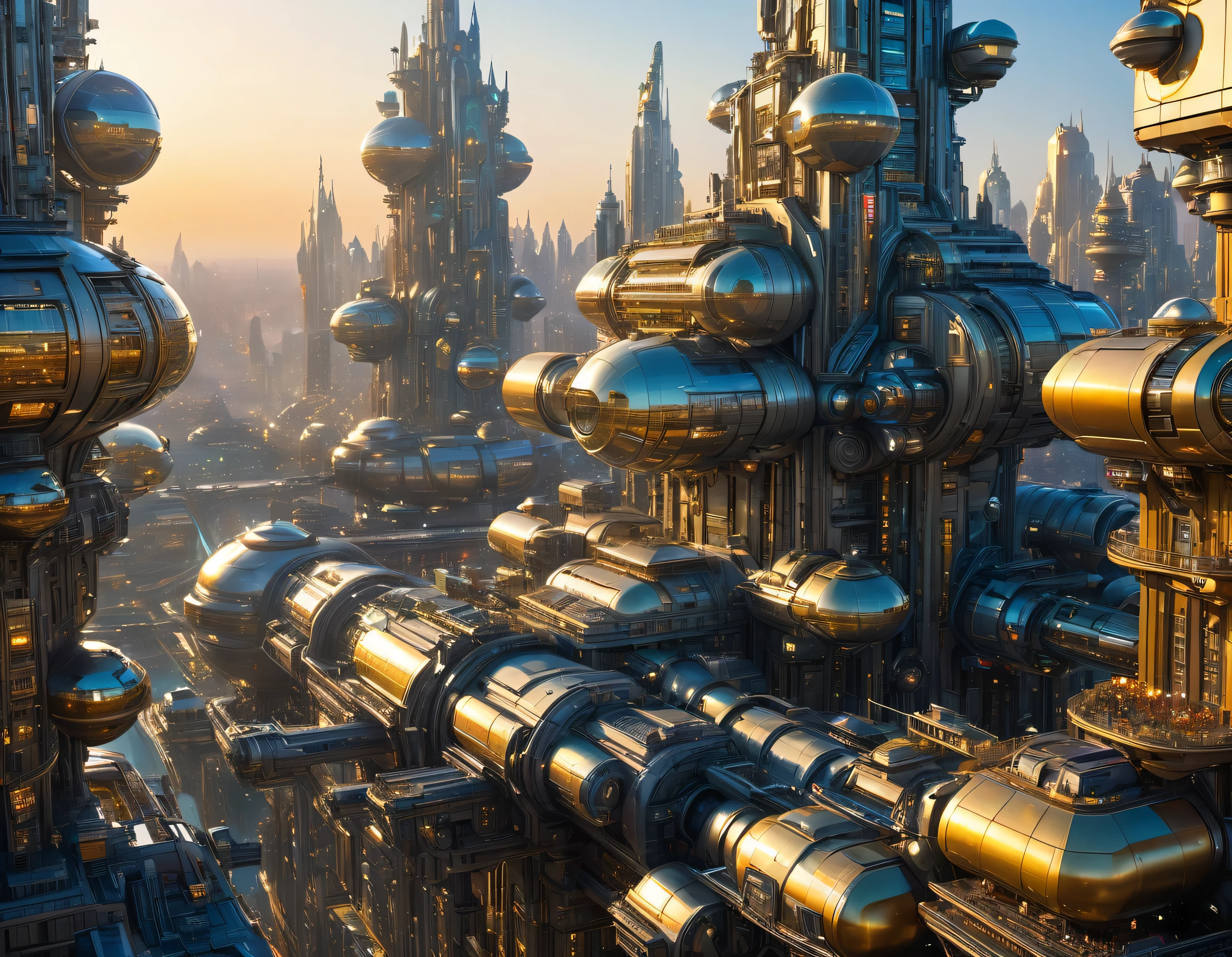 (golden hour lighting), megacity, megalopolis of an imaginary world of science fiction , parecido a una disneylandia futurista, and maximum fantasy, con inmensos edificios y rascacielos ovalados y dodecaedricos agrupados de metal y cristal donde predomina la plata y los anuncios luminosos de colores. imagen bien definida 8k, (intrincados detalles de la maquina), con muchos edificios juntos.(obra maestra de superior calidad).(imagen fotorrealista), nitidez absoluta hasta el fondo
