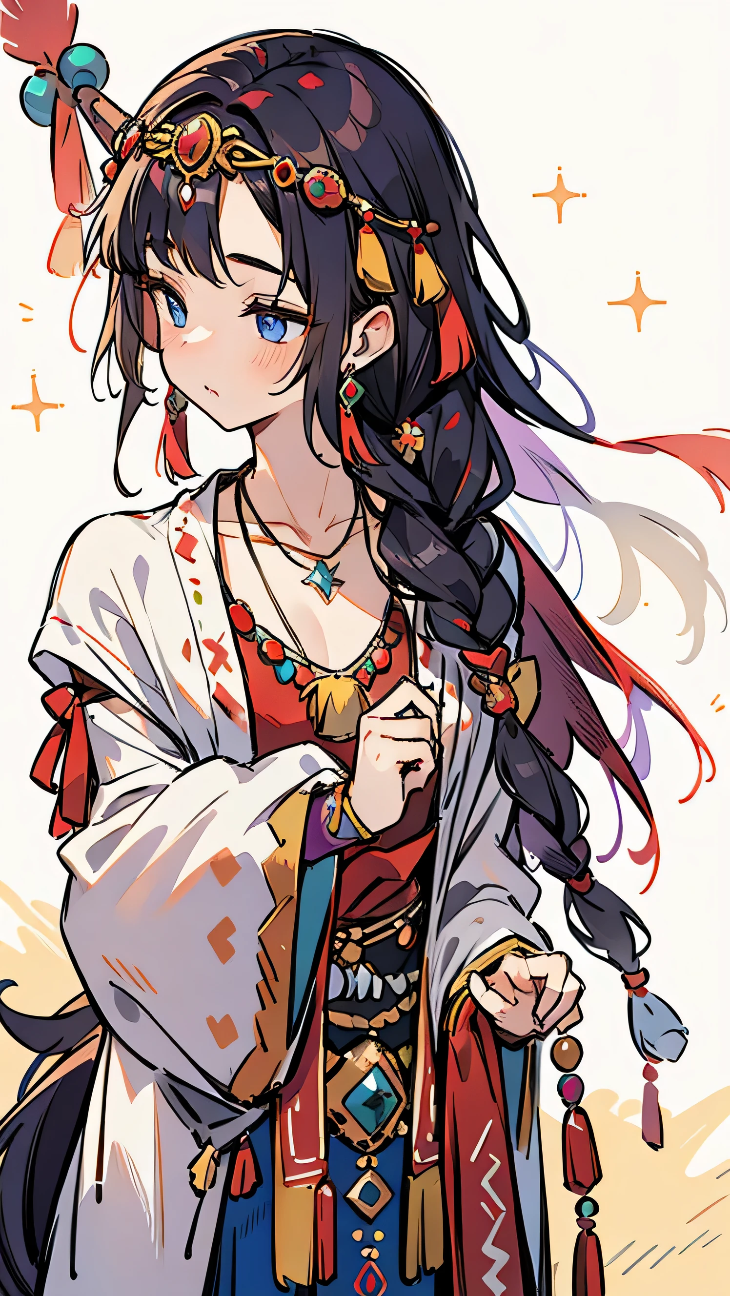 a woman with long hair and a multiple hippi necklace, beautiful bohemian princess, native american shamen fantasy,