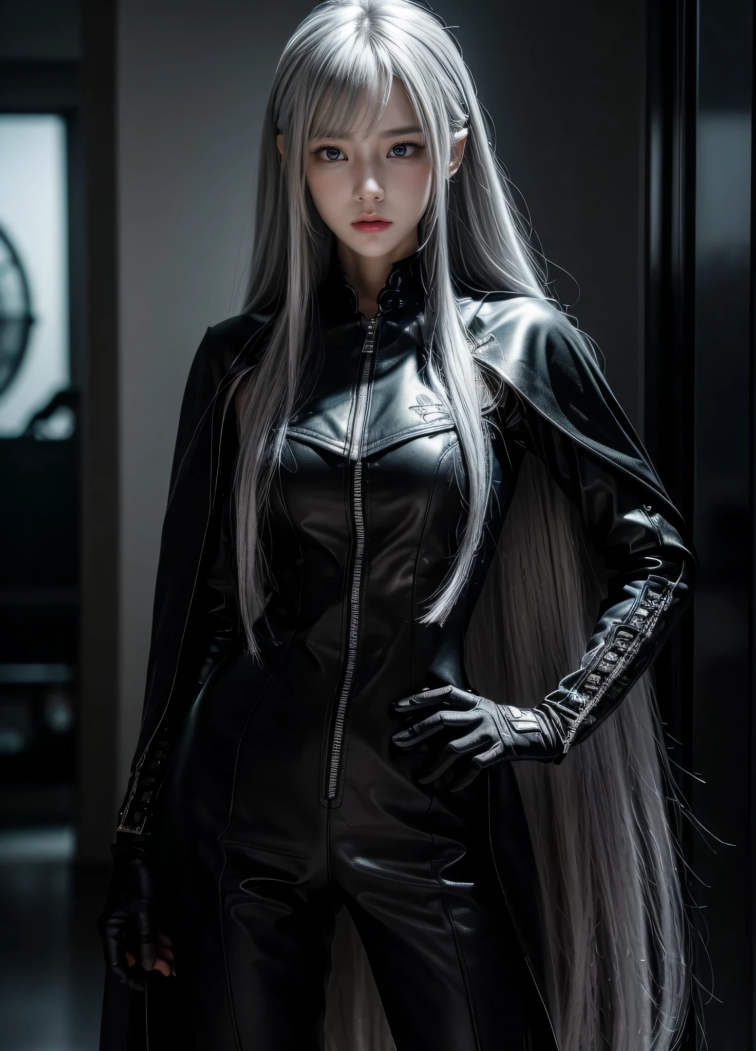 {{Grell}},shiny hair,4 fingers,sharp gaze,{{{{{White eyes}}}}},{{{{{White eyes}}}}},{long hair},{{straight hair}},black gloves,black clothes,black army suit,{army},{{{{{dull bangs}}}}},Hard hair,(slanted eyes},{{whole body},{{{1 girl}}}, {{{{silver hair}}}},{{{Tsurime}}},36 years old,white people,silver eyes,thin,{{{masterpiece}}}, {{{highest quality}}}, {{Super detailed}}, {shape}, {{very delicate and beautiful}},very detailed,Detailed completeness,detailed hyper,army服,{{bangs}},{{Fishing eyes}},black cloak