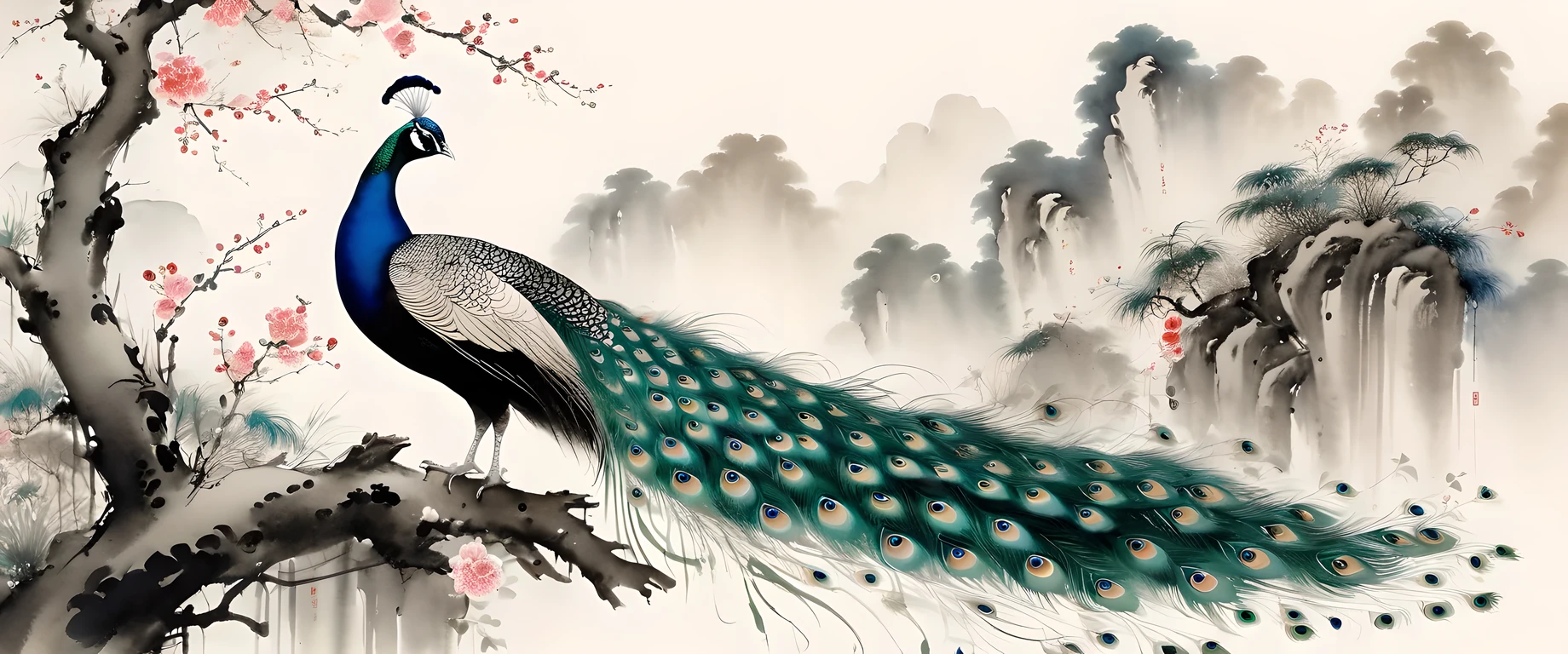 exquisite ink art, realistic, detailed peacock, Wu Guanzhong style, faded colors