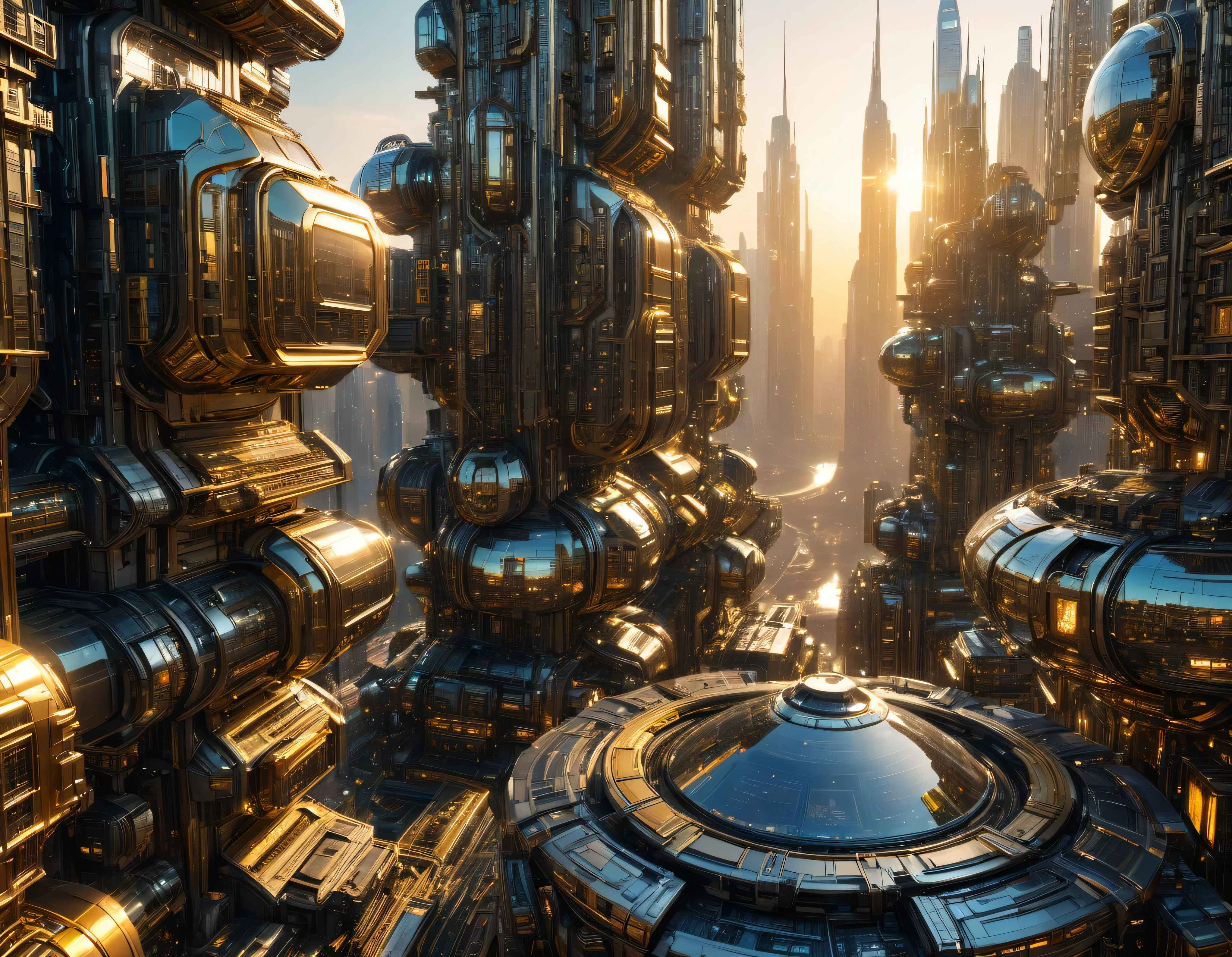 (golden hour lighting), megacity, megalopolis of an imaginary world of science fiction and maximum fantasy, con inmensos edificios ovalados , rascacielos y dodecaedricos agrupados de metal y cristal donde predomina el oro. imagen bien definida 8k, (intrincados detalles de la maquina), con muchos edificios juntos.(obra maestra de superior calidad).(imagen fotorrealista), nitidez absoluta hasta el fondo