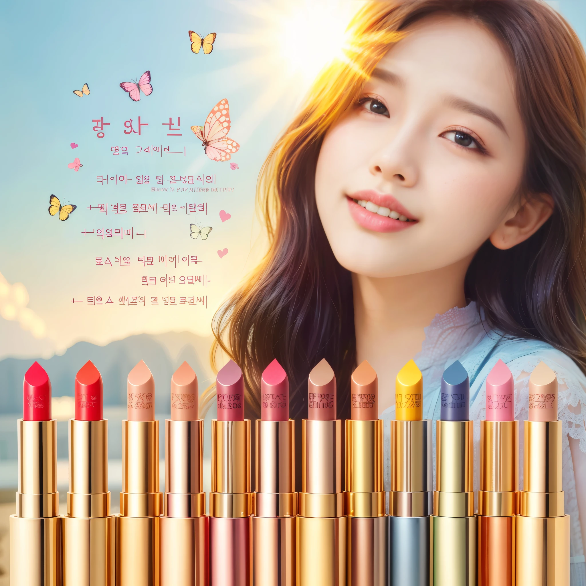 a close up of a woman with long hair and a bunch of lipsticks, popular korean makeup, popular korean makeup, 1 6color, 16color, さまざまなcolor, lipstick, colorful pastel, 美しいcolorで, 複数のcolor, pastel coloured, bright pastel colour, beauty campaign, beautiful colorful, 8k)), tiffany, pastel colour, color